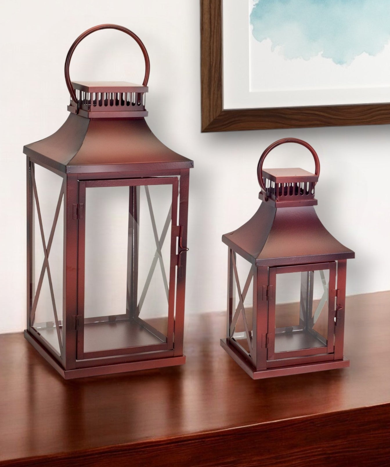 Set of Two Red Glass and Metal Geometric Floor Lantern Candle Holders