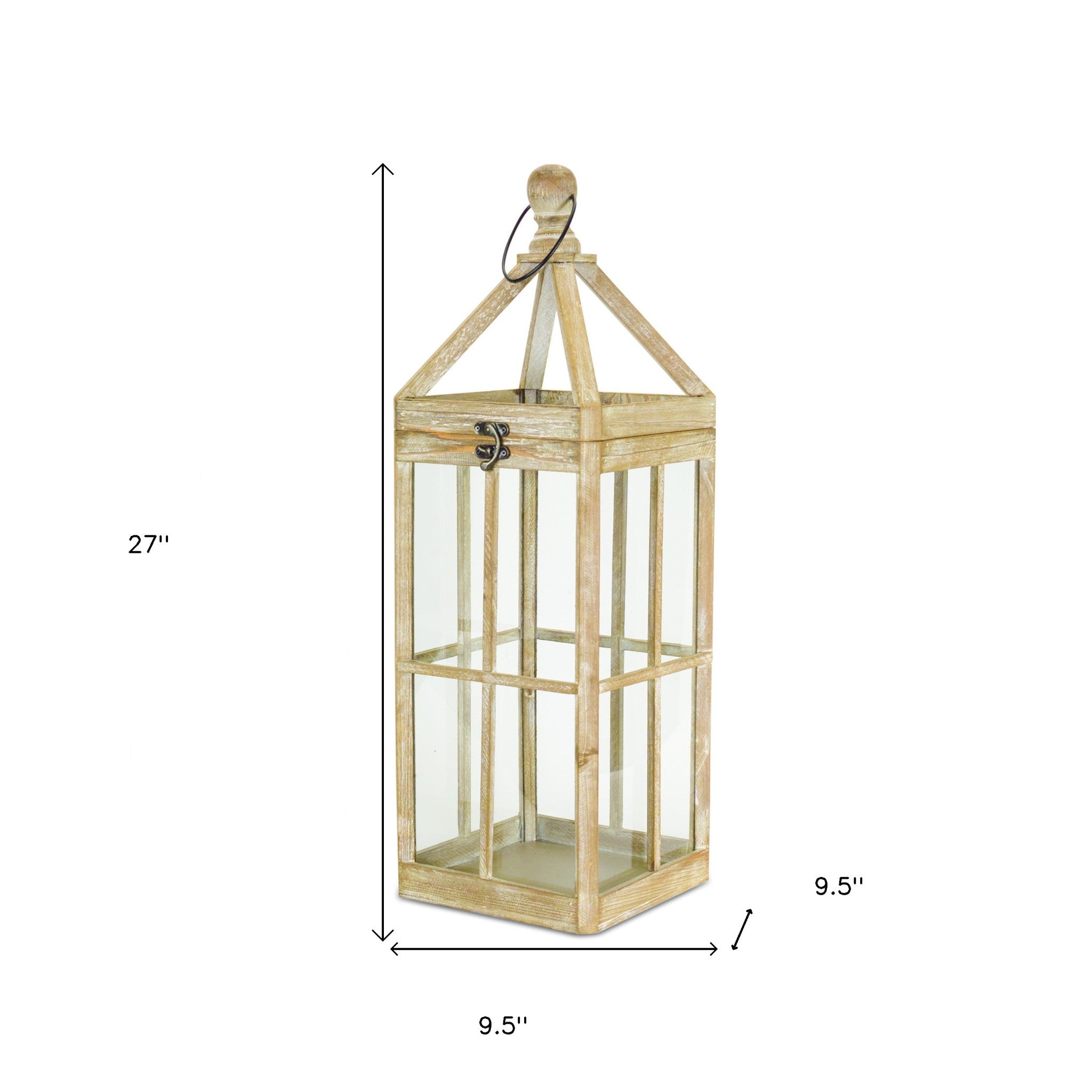 Set of Two Natural and Clear Wood and Glass Floor Lantern Candle Holders