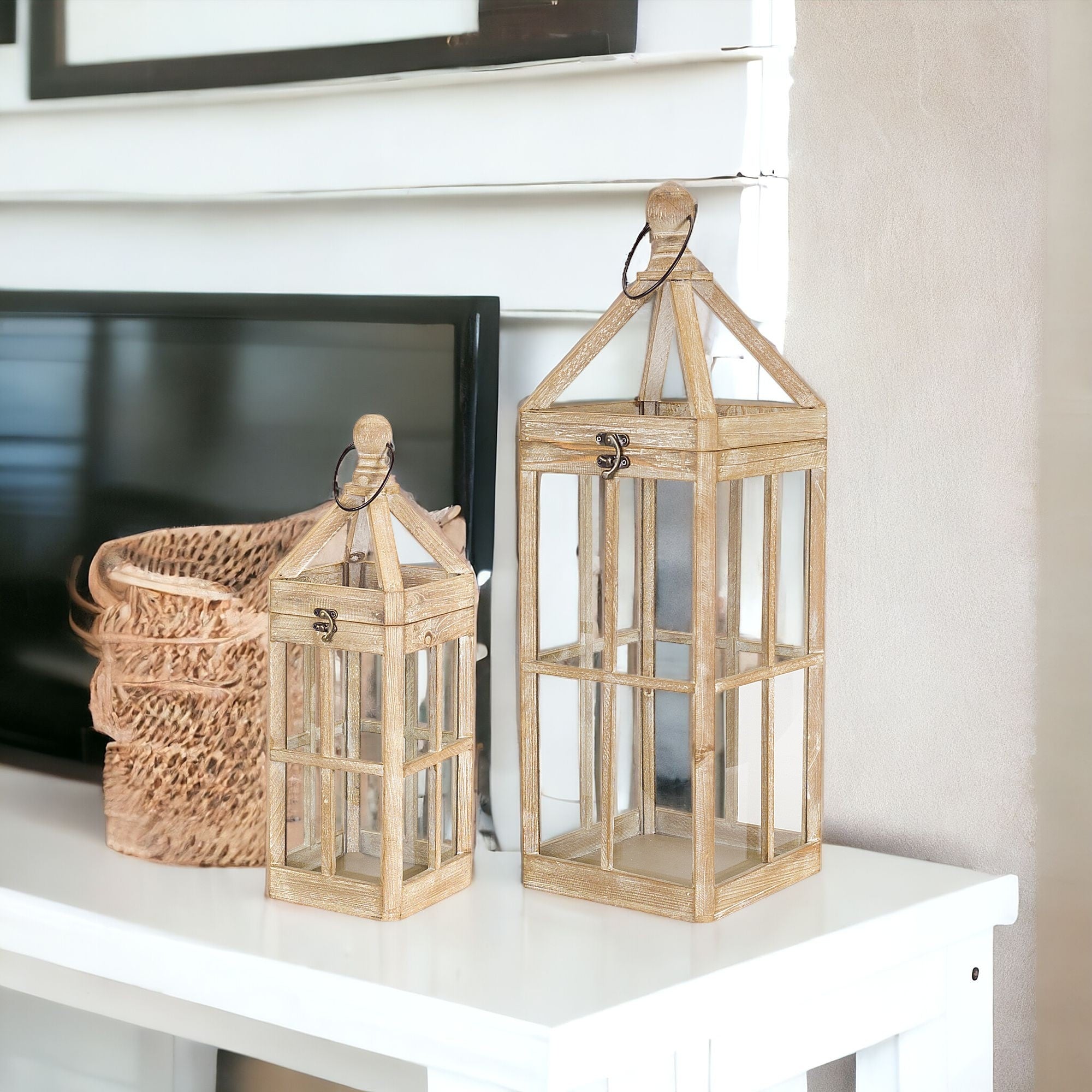 Set Of Two Brown Flameless Floor Lantern Candle Holder