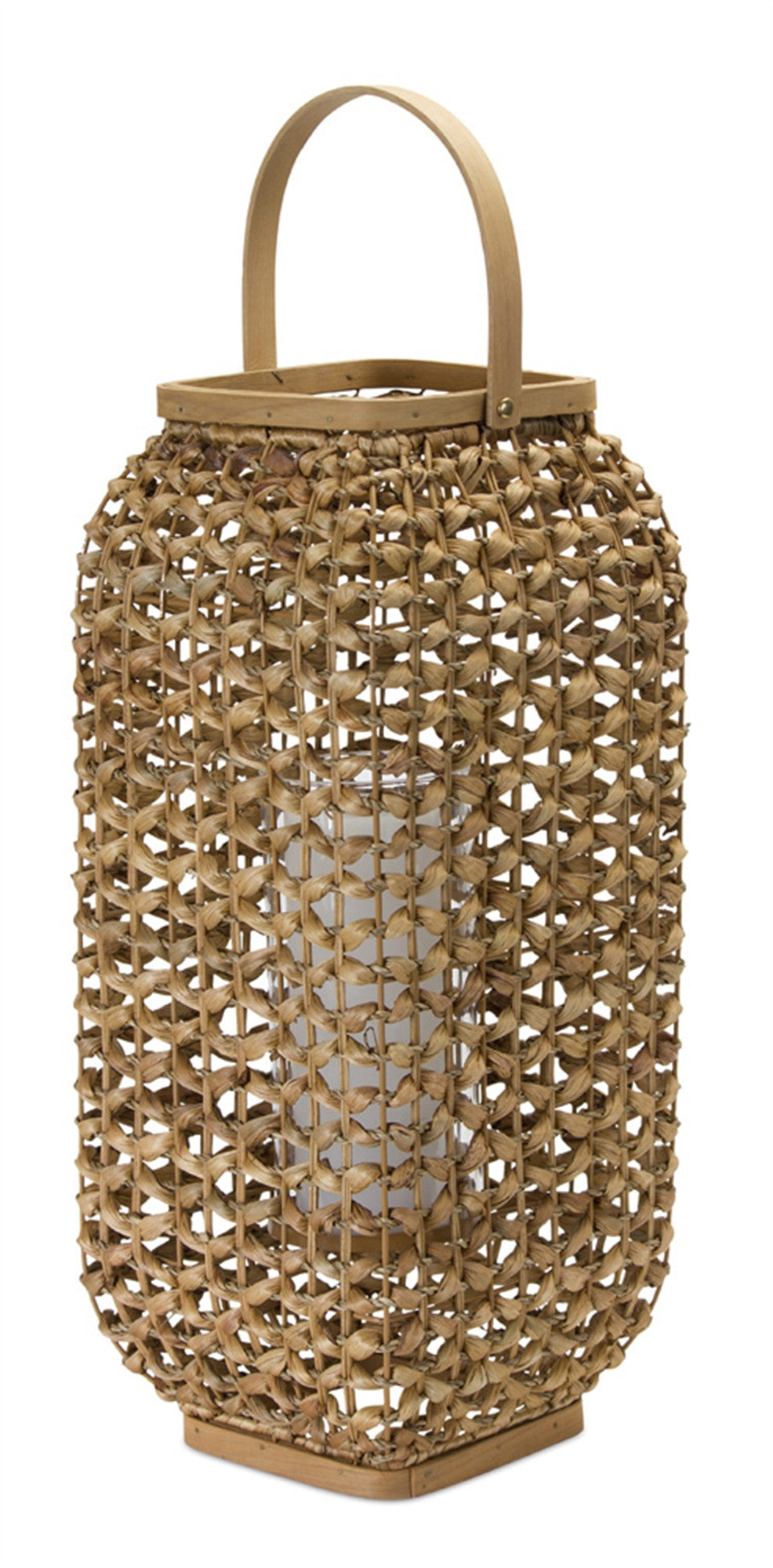 20" Natural Glass and Wicker Woven Floor Lantern Candle Holder