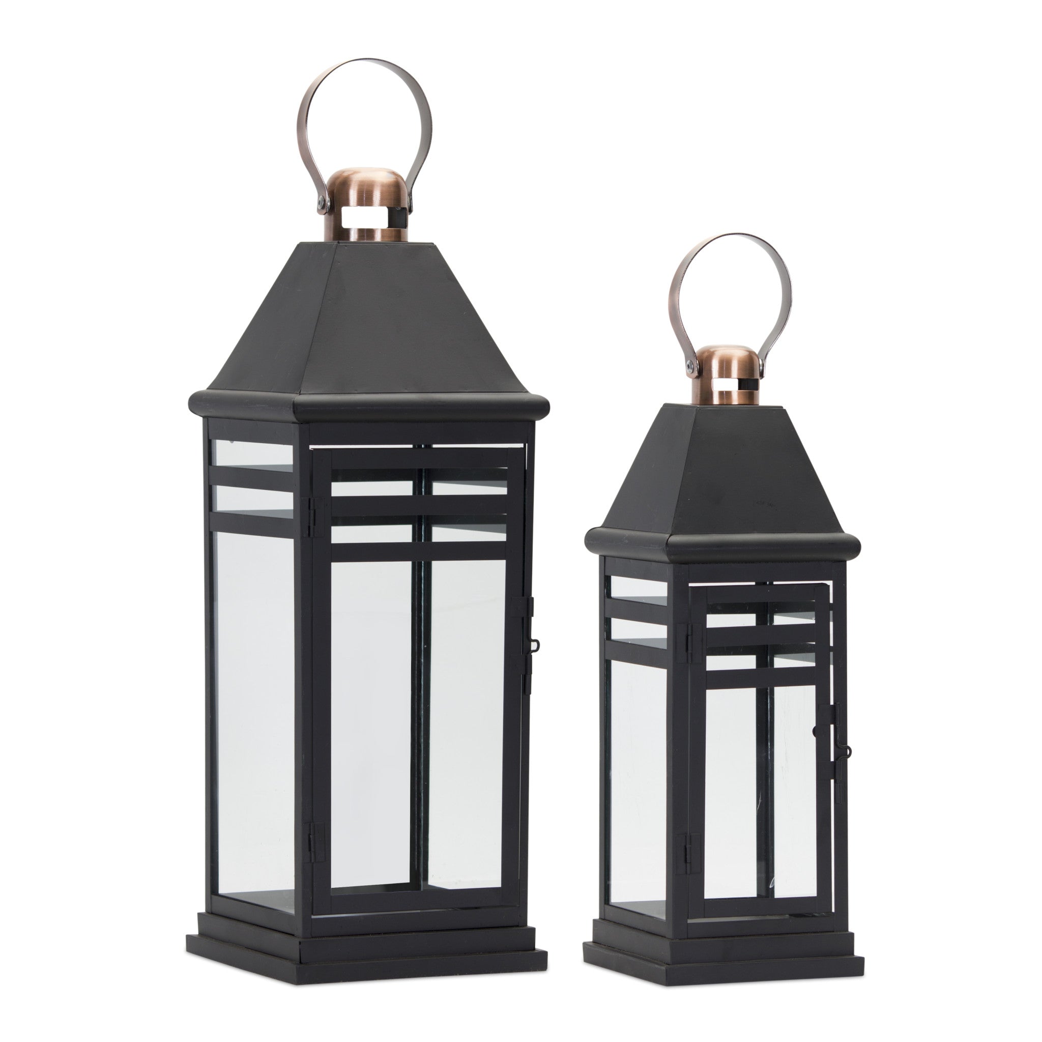 Set of Two Black and Gold Glass and Metal Floor Lantern Candle Holders