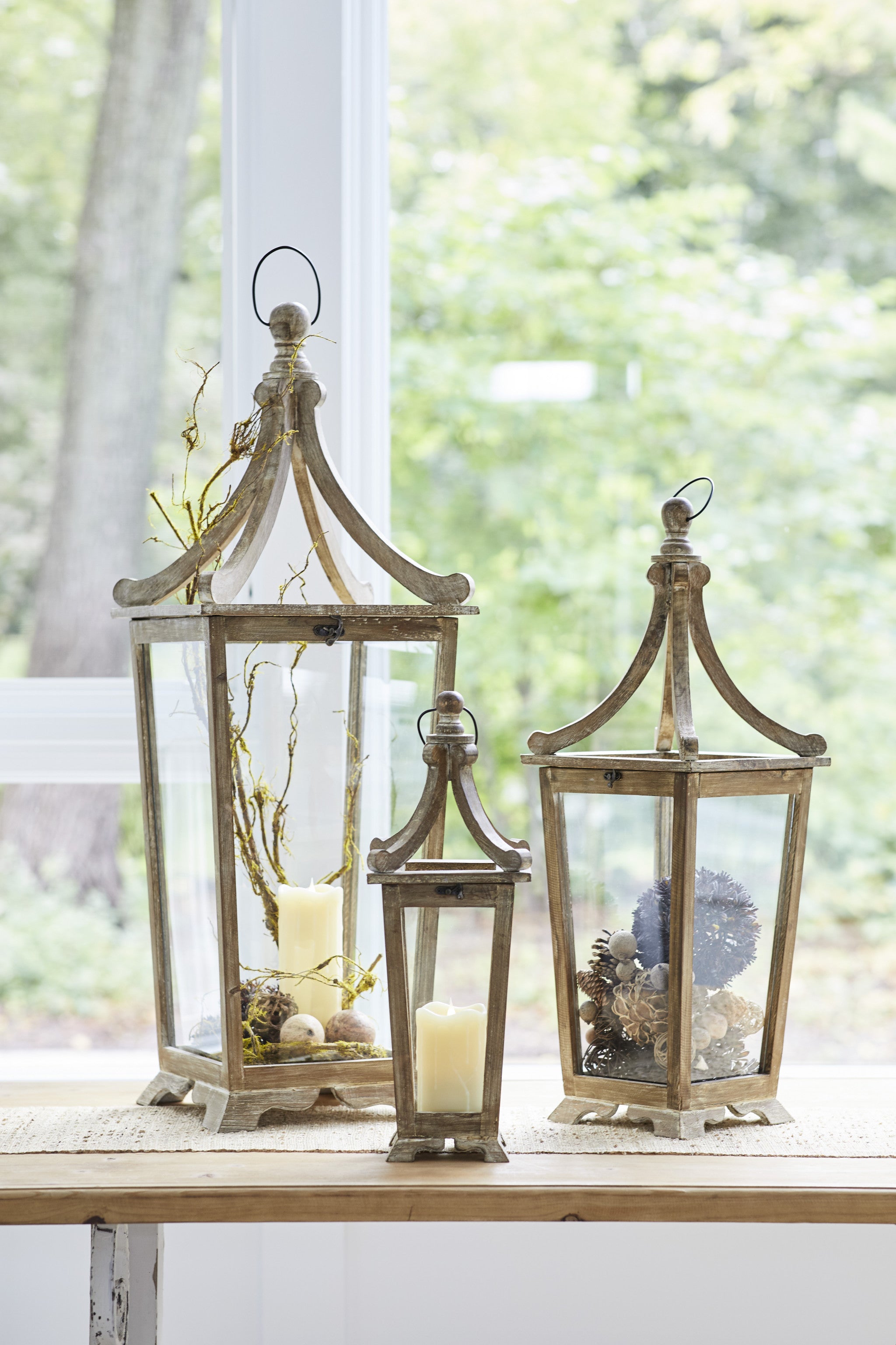 Set of Three Brown Wood and Glass Floor Lantern Candle Holders