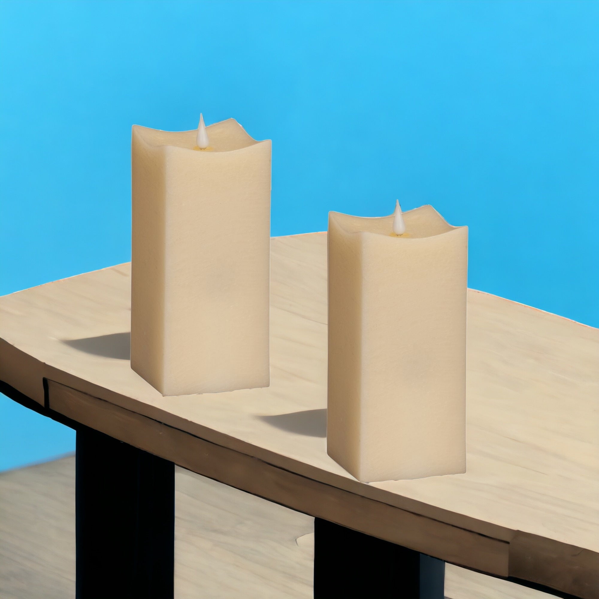 Set of Two Beige Square Flameless Pillar Candles