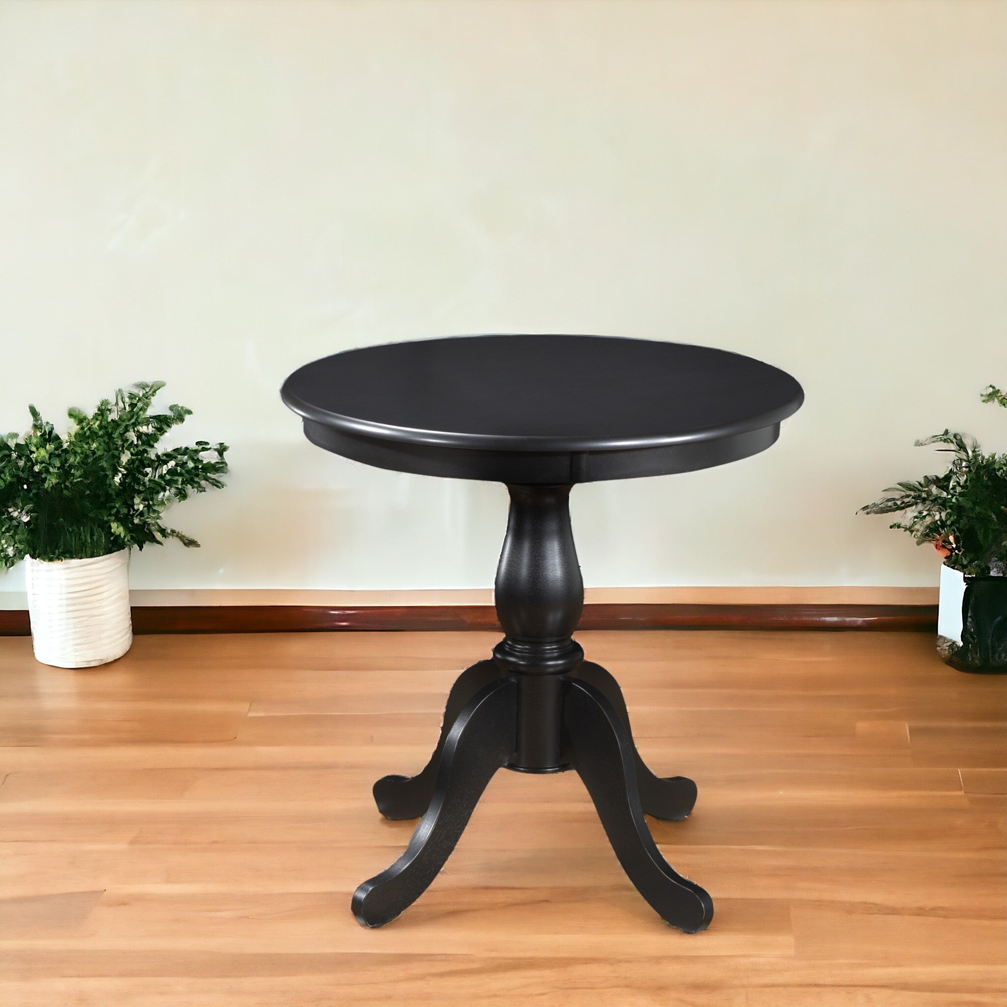 30" Antique Black Round Turned Pedestal Base Wood Dining Table