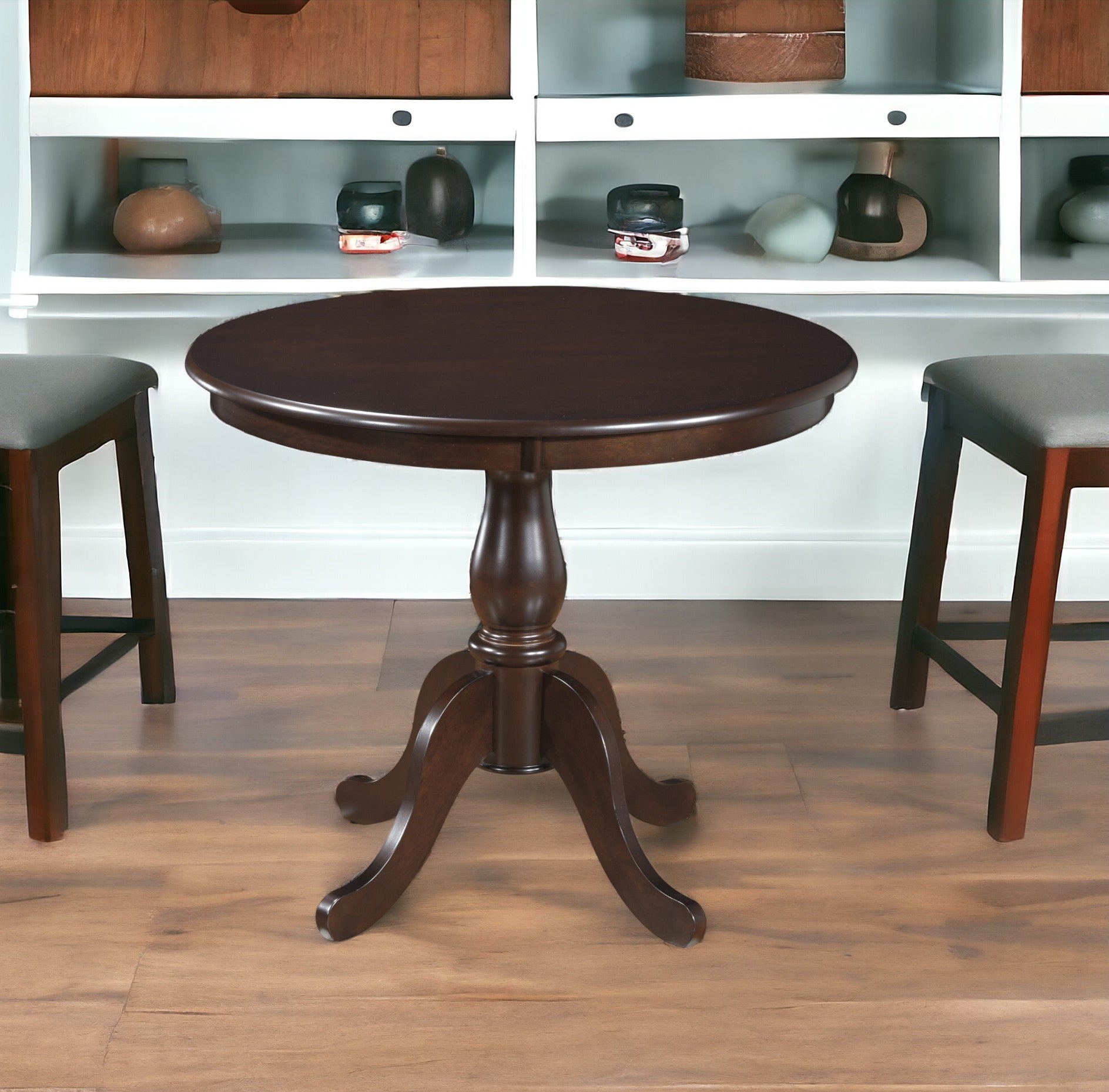 36" Espresso Brown Round Turned Pedestal Base Wood Dining Table