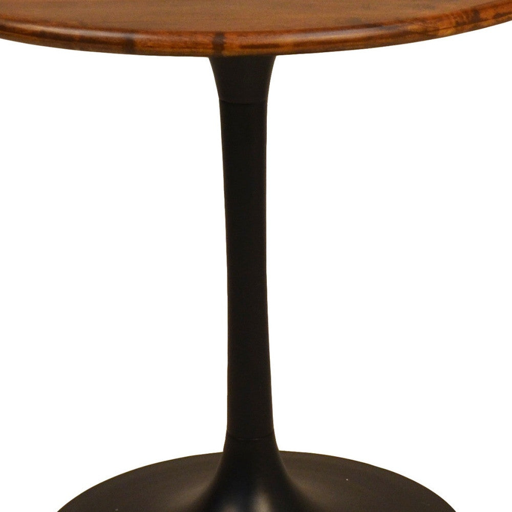 30" Brown and Black Rounded Solid Wood and Iron Pedestal Base Dining Table