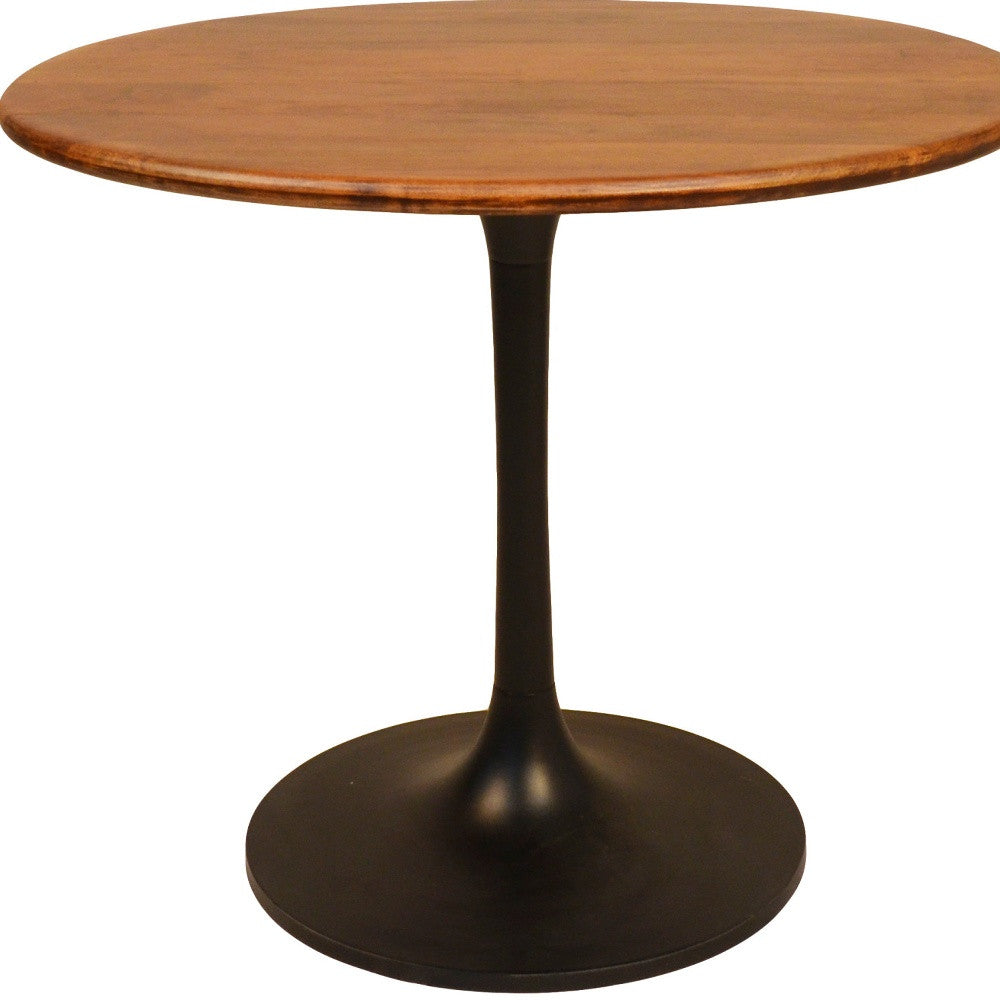 36" Brown and Black Rounded Solid Wood and Iron Pedestal Base Dining Table