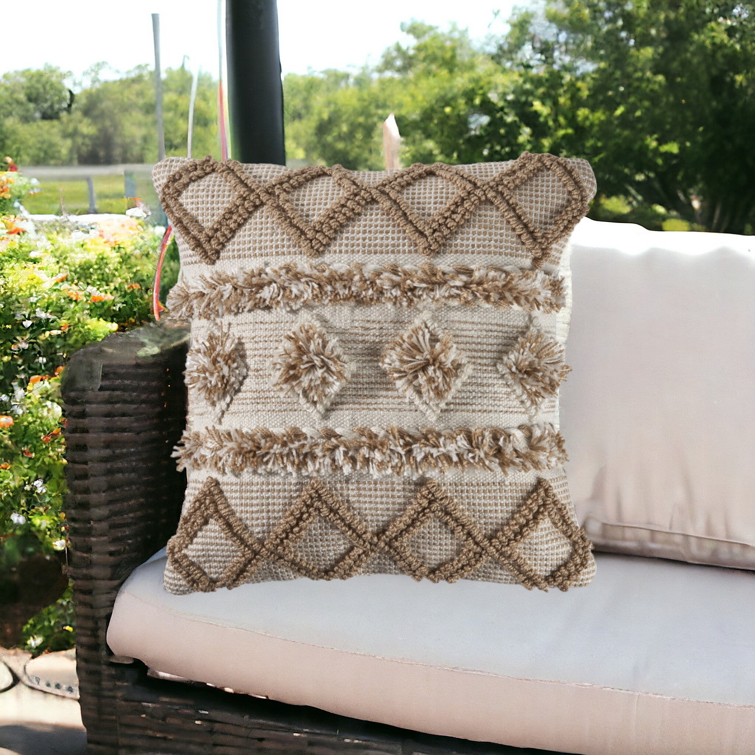 20" X 20" Tan Zippered Geometric Indoor Outdoor Throw Pillow