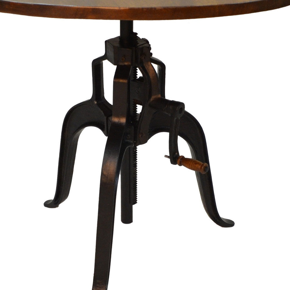 36" Brown and Gold Rounded Solid Wood and Iron Pedestal Base Dining Table