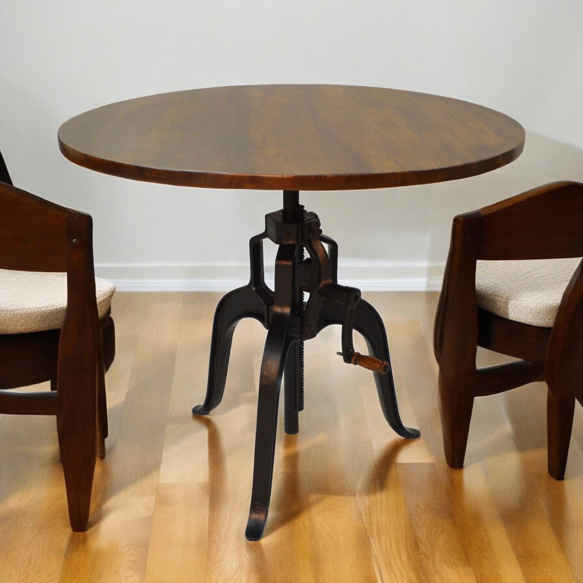 36" Brown and Gold Rounded Solid Wood and Iron Pedestal Base Dining Table