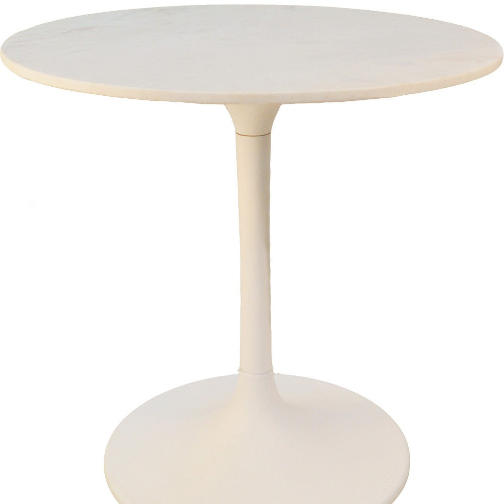 30" White Rounded Marble and Iron Pedestal Base Dining Table