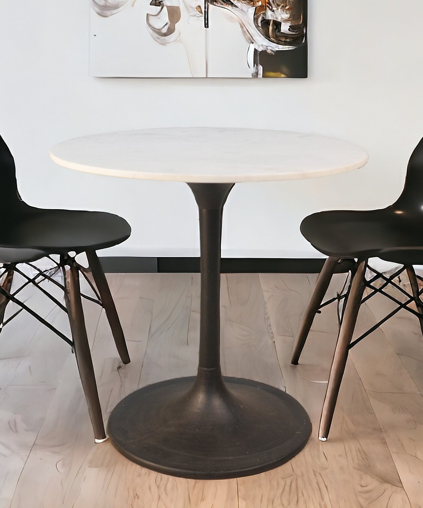 36" White and Black Rounded Marble and Iron Pedestal Base Dining Table