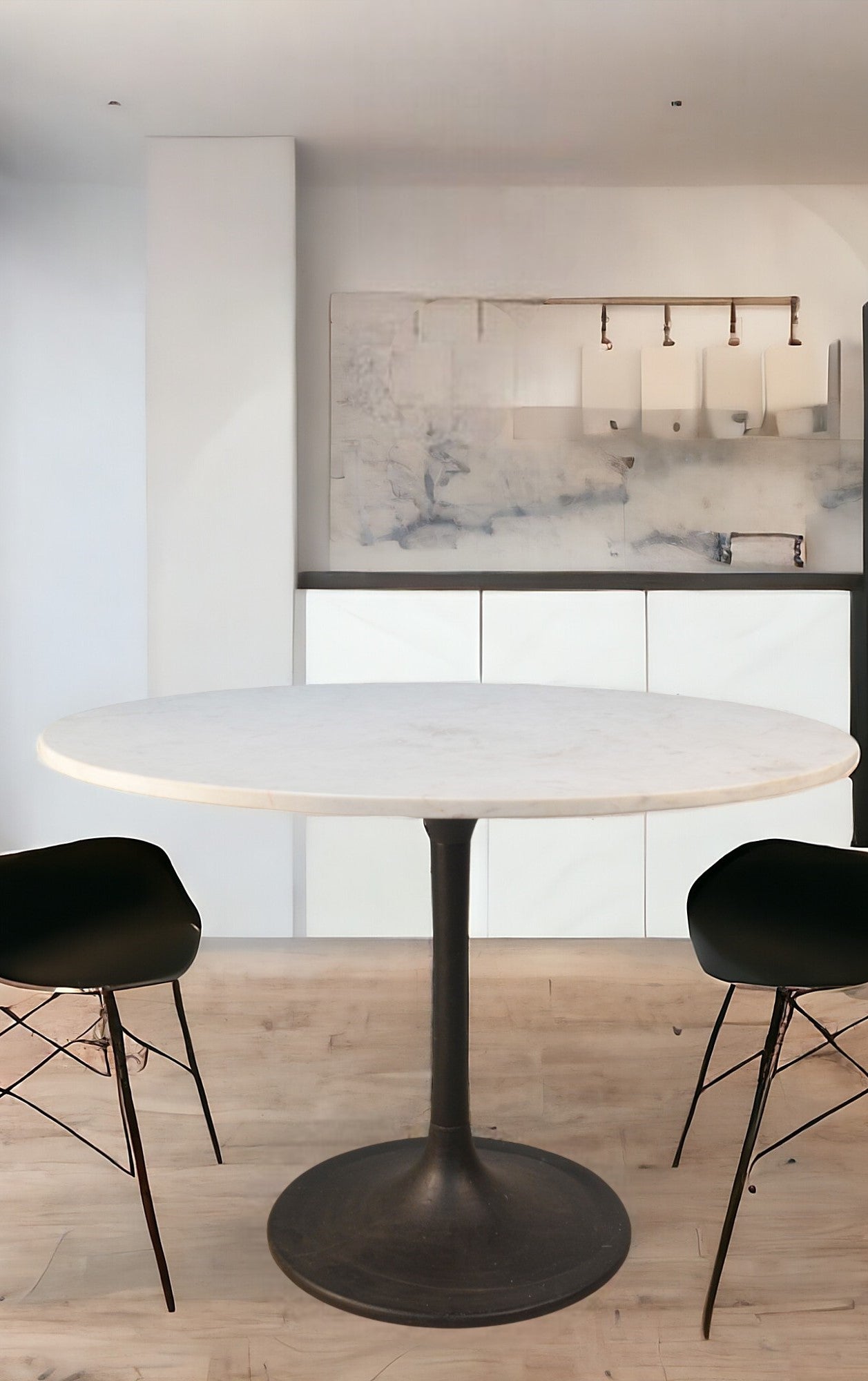 40" White and Black Rounded Marble and Iron Pedestal Base Dining Table