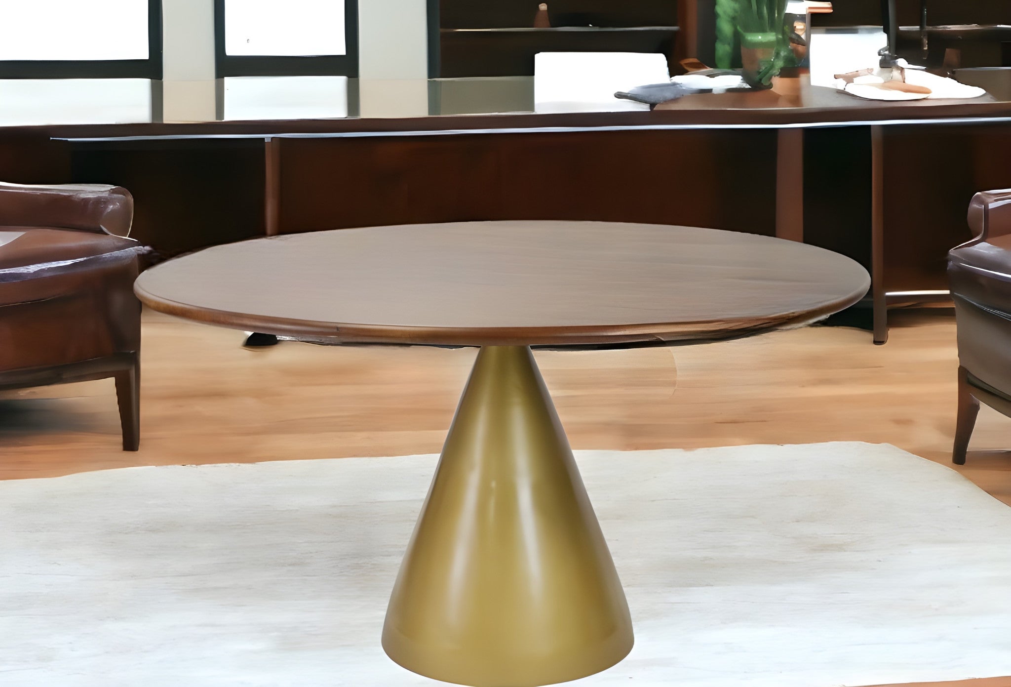 48" Brown And Gold Rounded Solid Wood And Iron Pedestal Base Dining Table