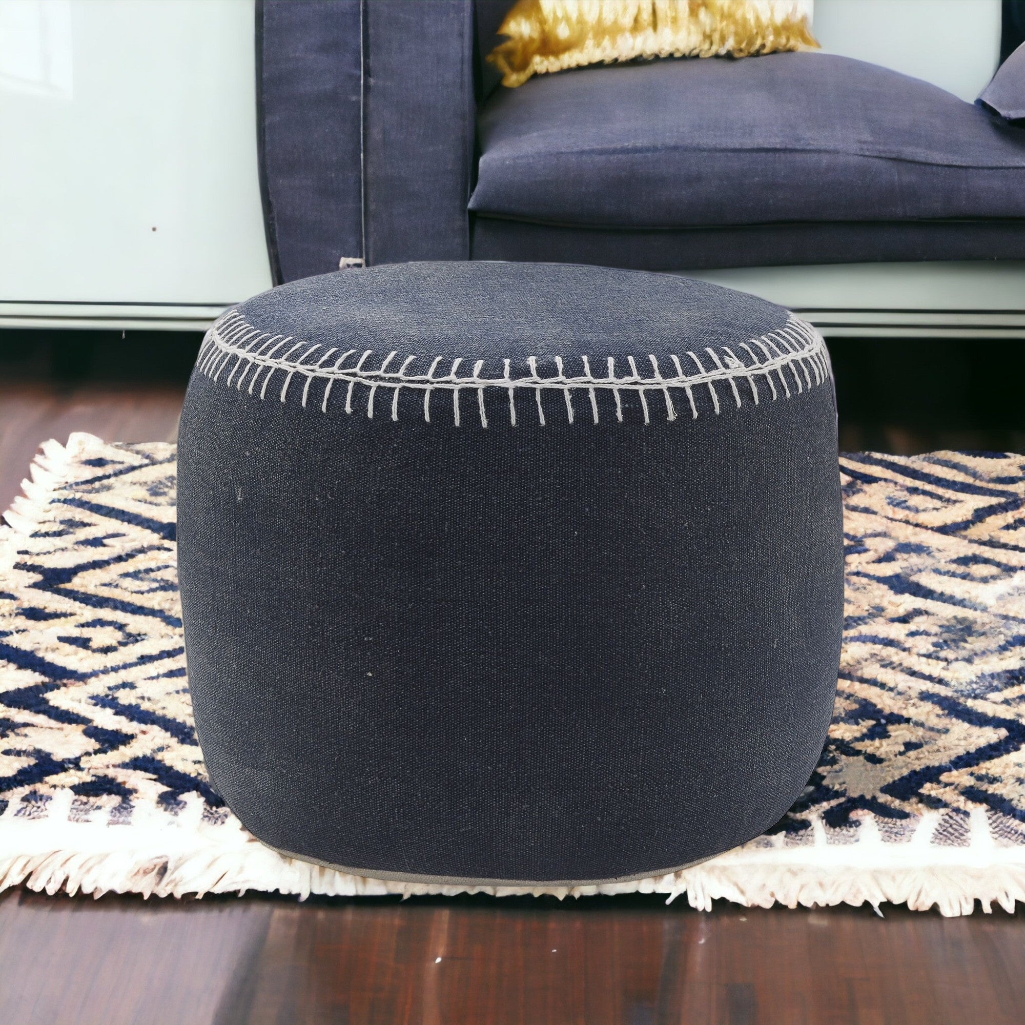 18" Blue 100% Cotton Ottoman