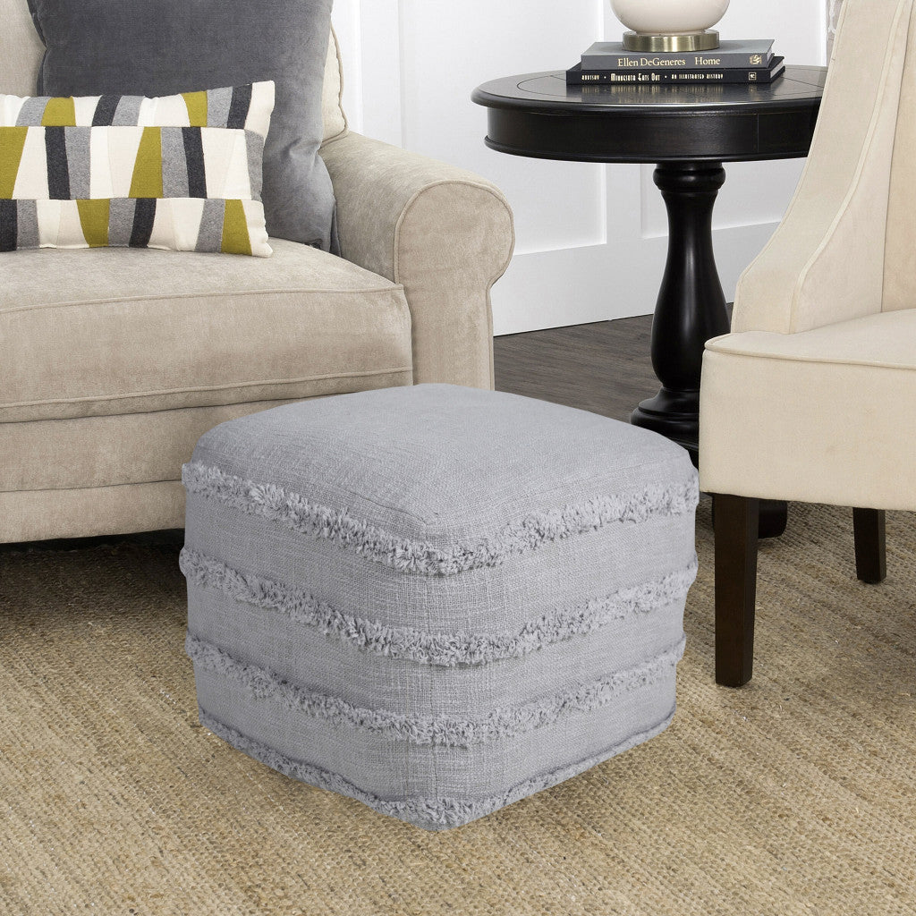 18" Cream Cotton Tufted Stripe Cube Pouf Ottoman