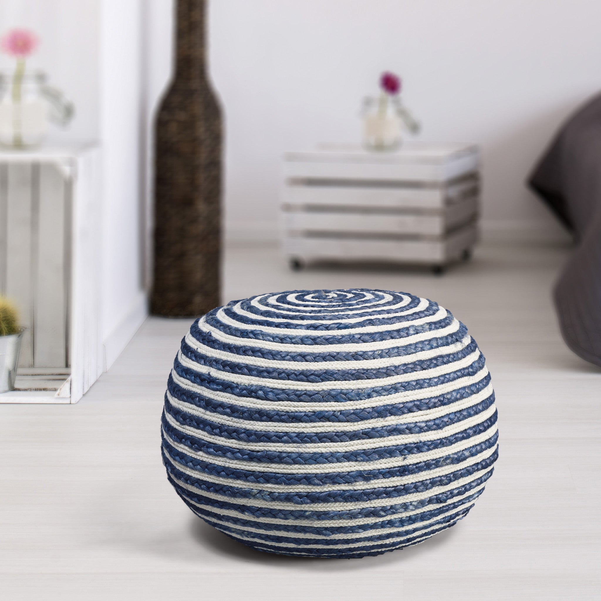 20" Blue Jute Ottoman