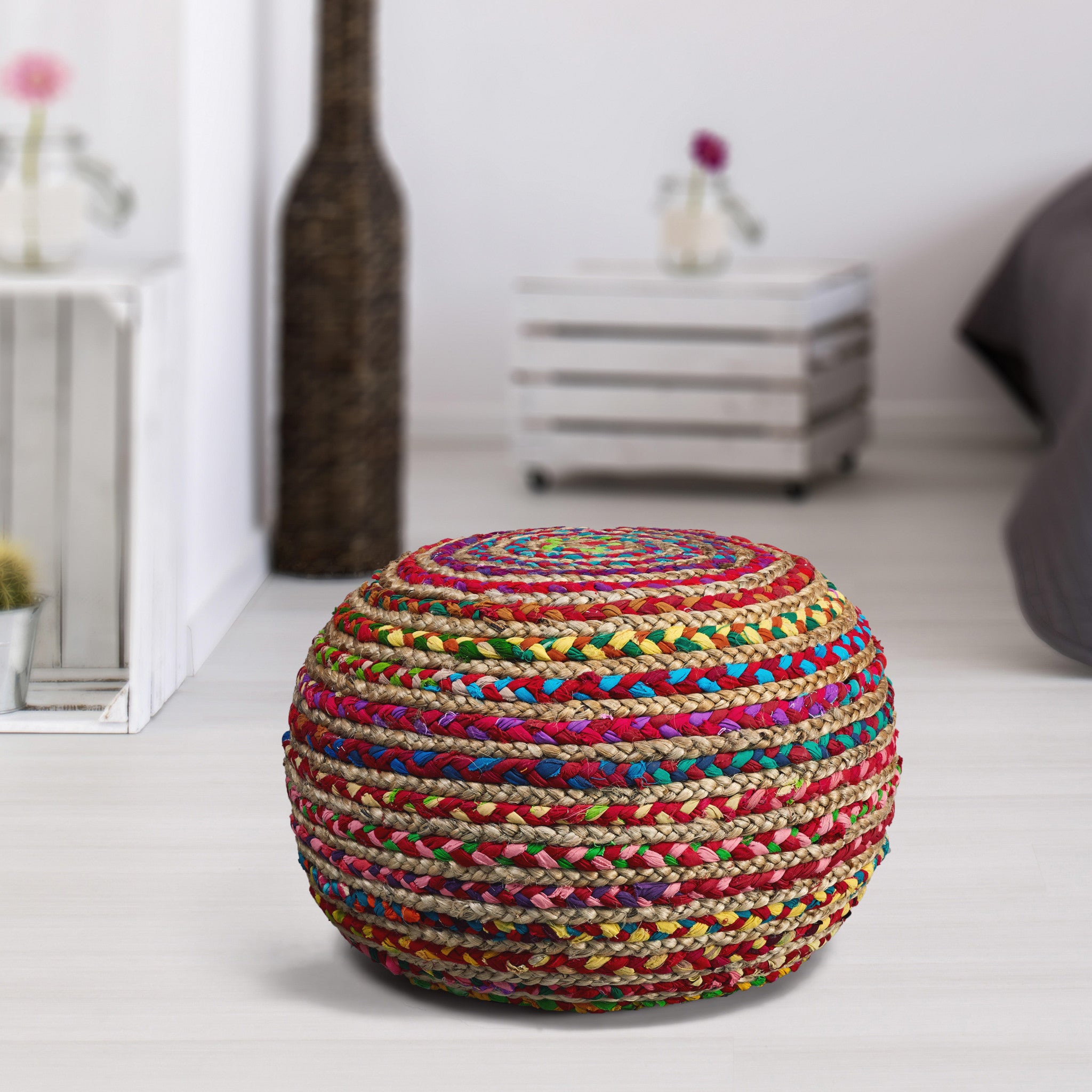 20" Blue Jute Ottoman