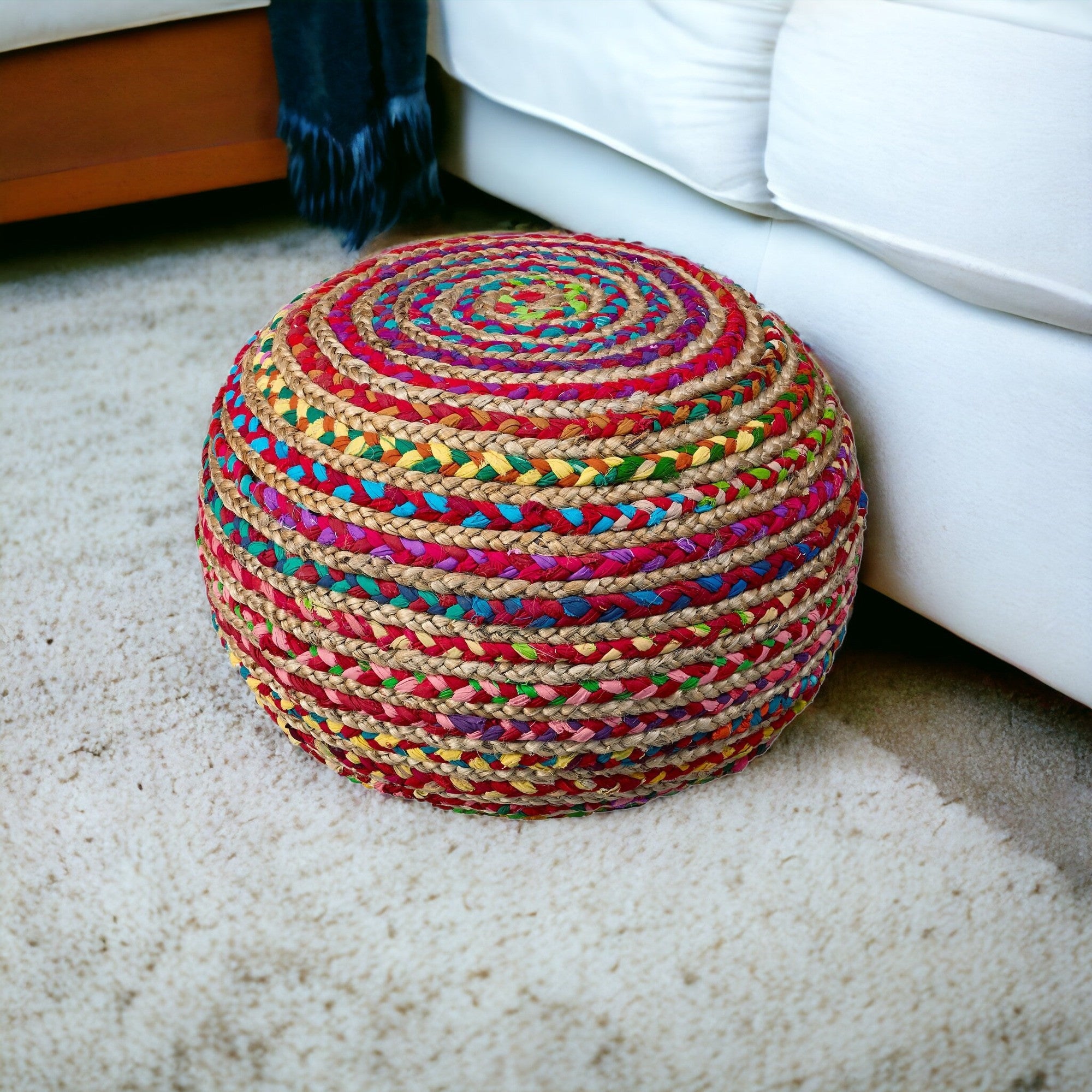 20" Blue Jute Ottoman