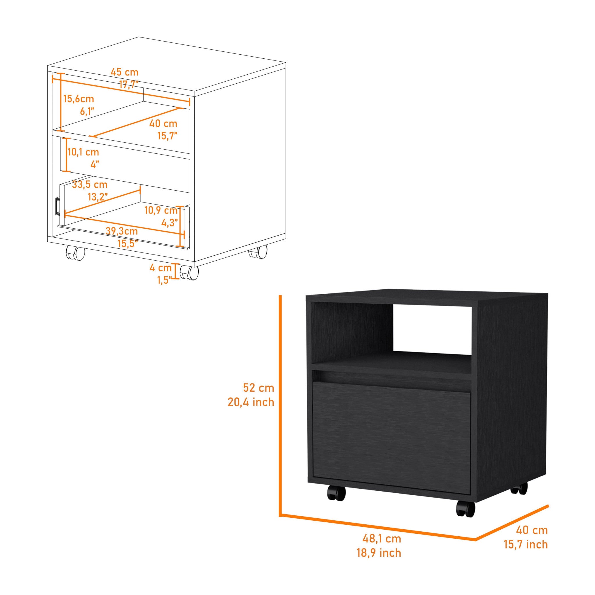 21" Black One Drawer Nightstand With Integrated Tech