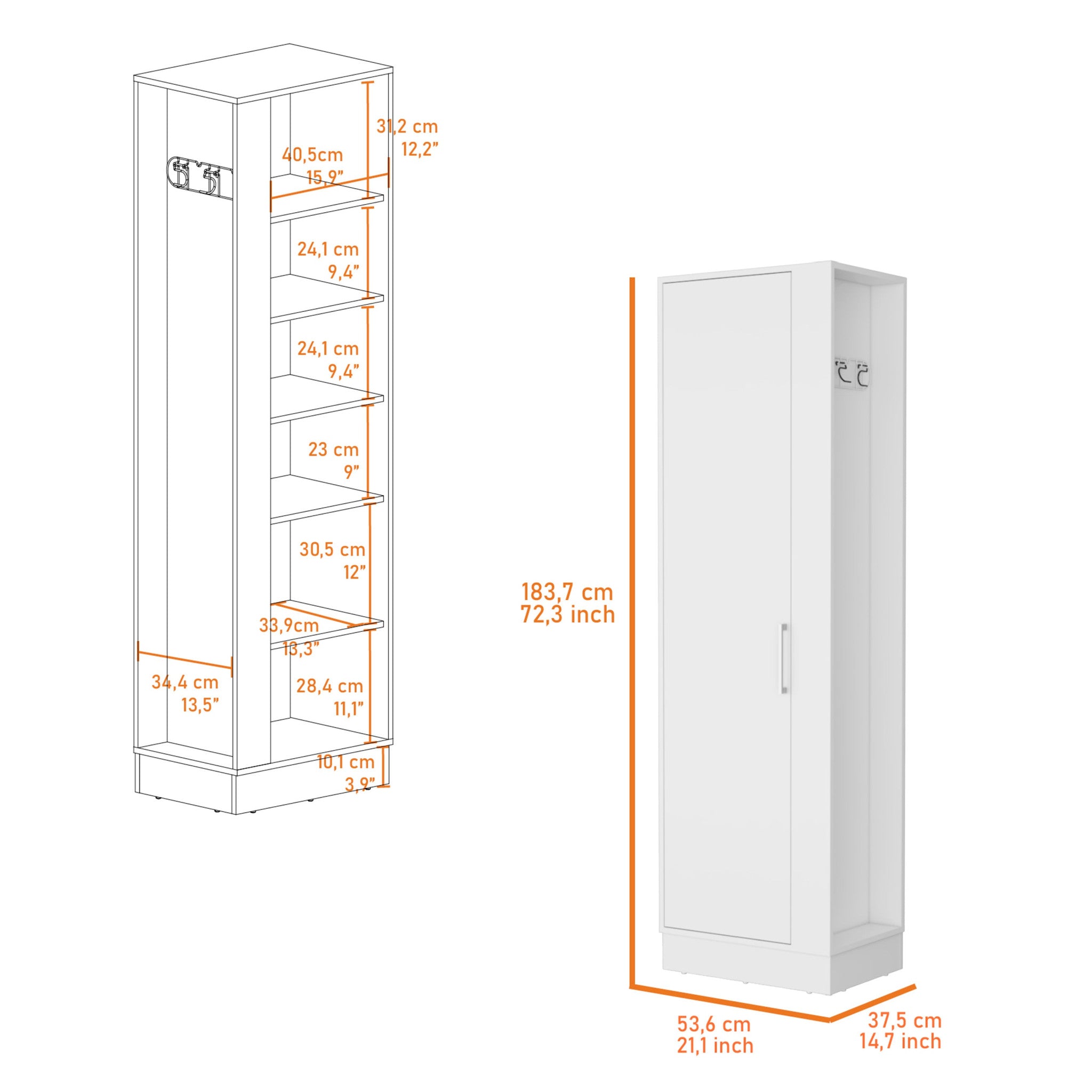 21" White Accent Cabinet With Six Shelves