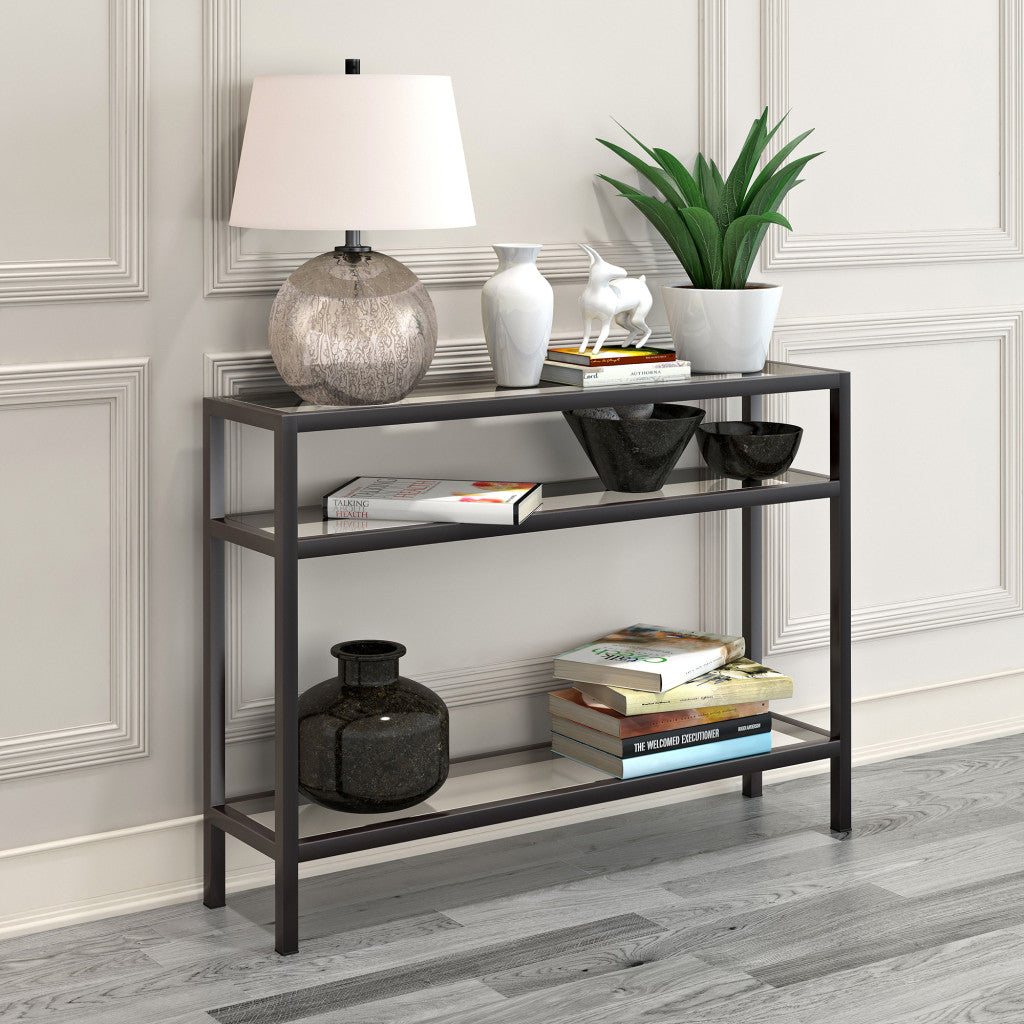 42" Clear and Black Glass Console Table With Shelves