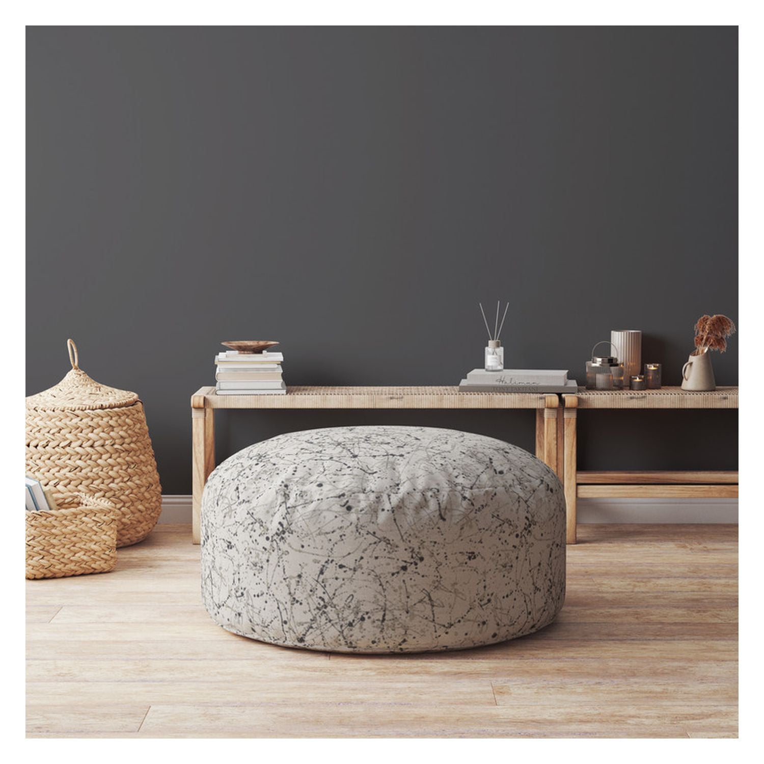 24" Beige Flax Round Abstract Pouf Ottoman