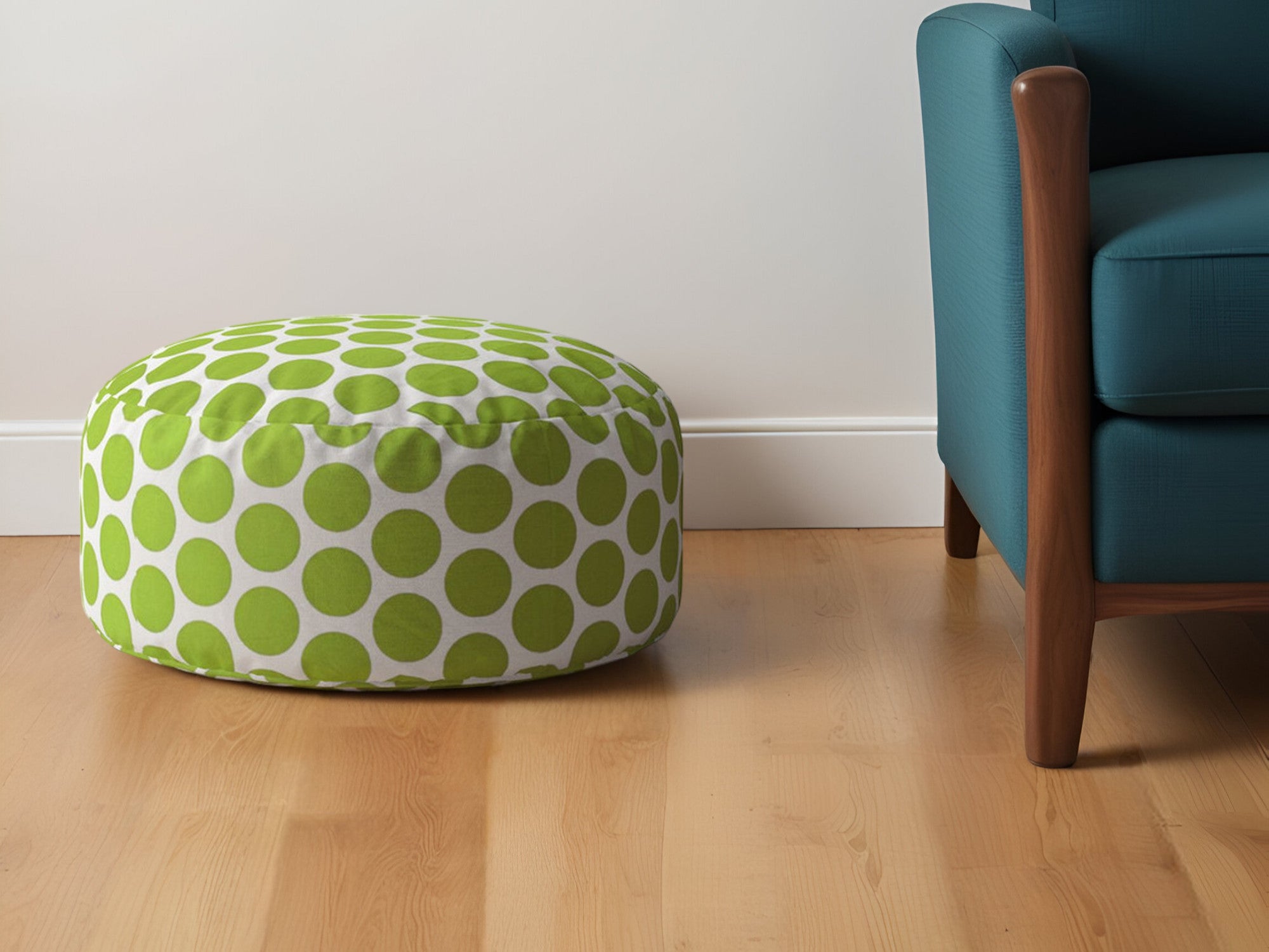 24" Green and White Cotton Round Polka Dots Pouf Ottoman