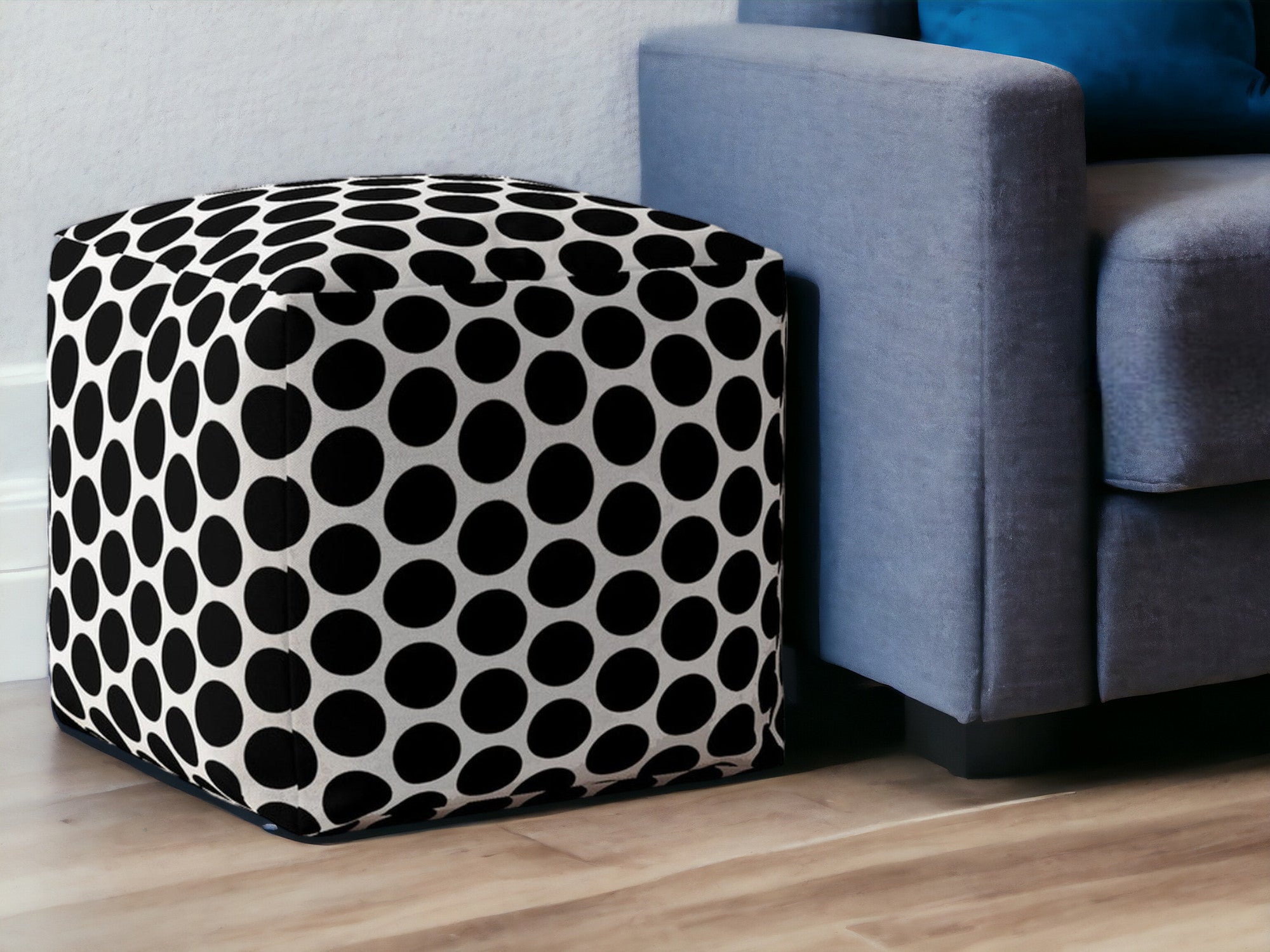 17" Black and White Cotton Polka Dots Pouf Ottoman