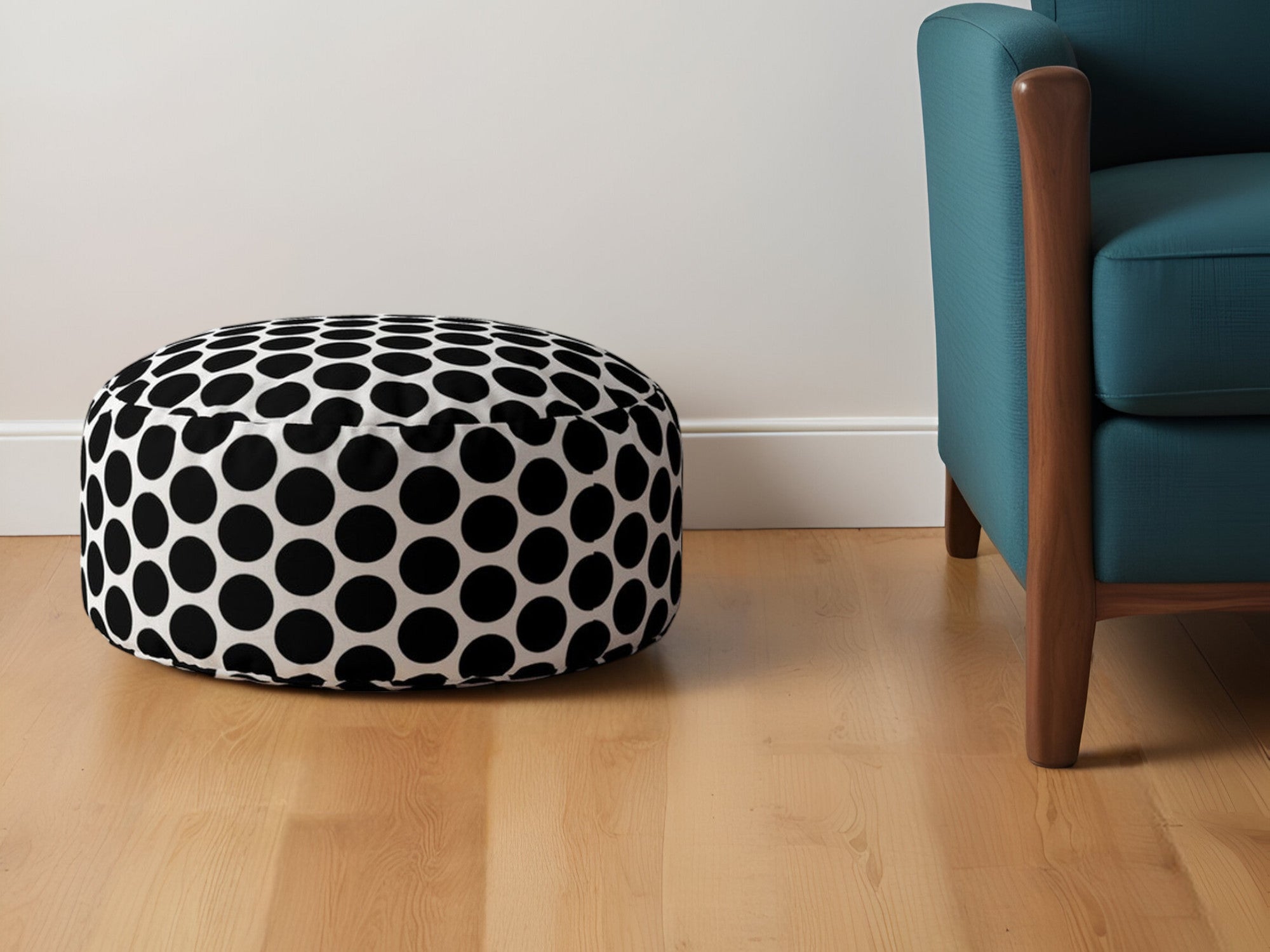 24" Black and White Cotton Round Polka Dots Pouf Ottoman