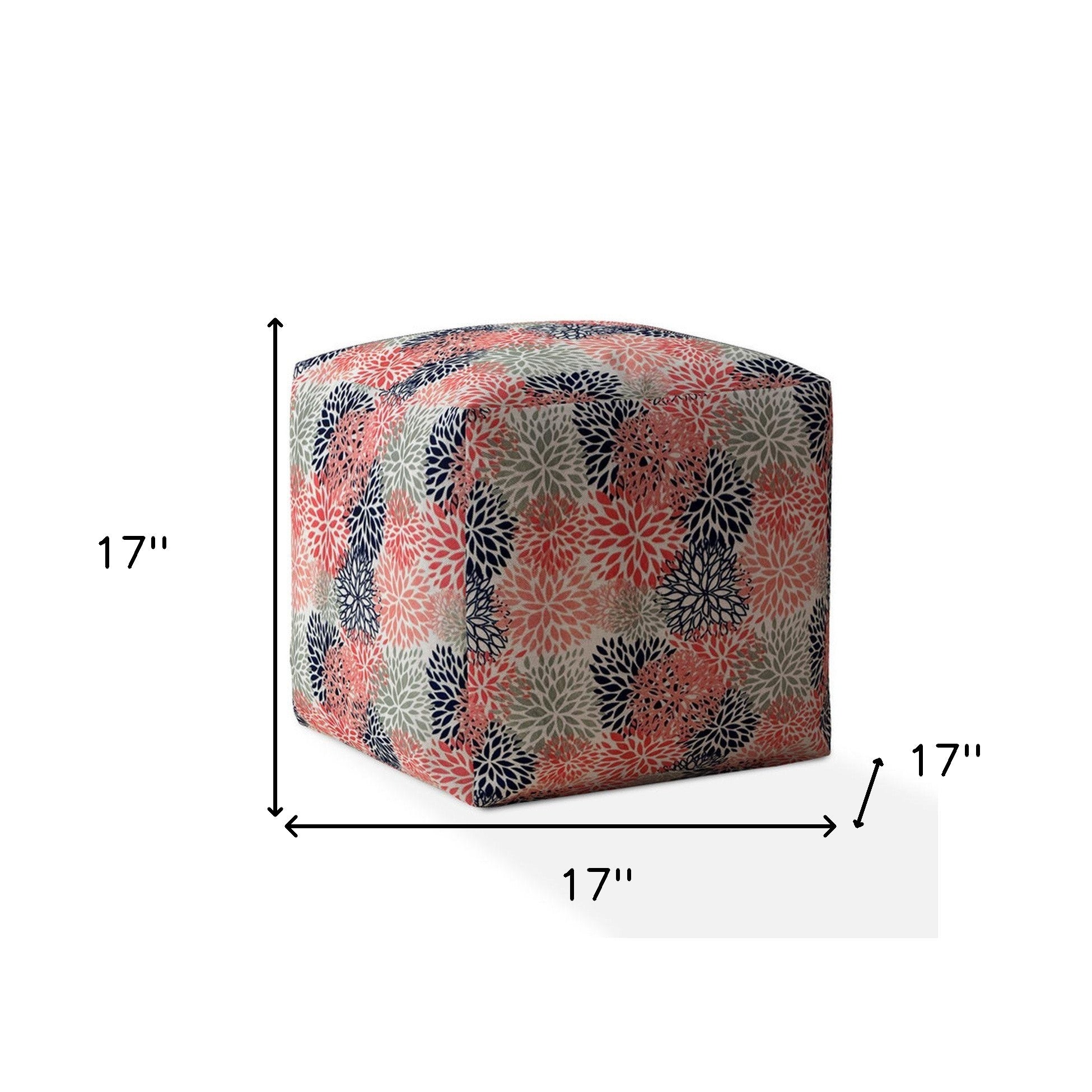 17" Coral Polyester Floral Pouf Ottoman