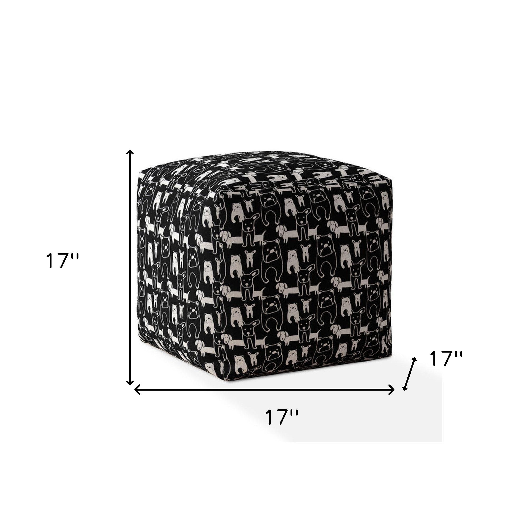 17" Black Cotton Animal Print Pouf Ottoman