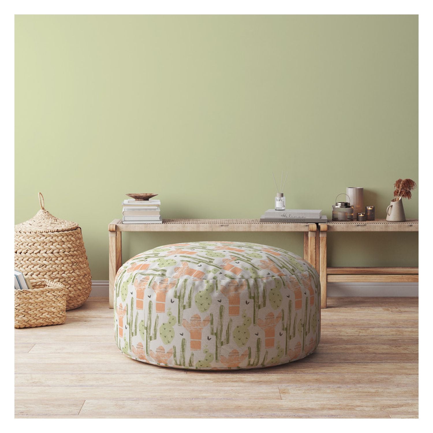 24" Orange Cotton Round Cactus Pouf Ottoman