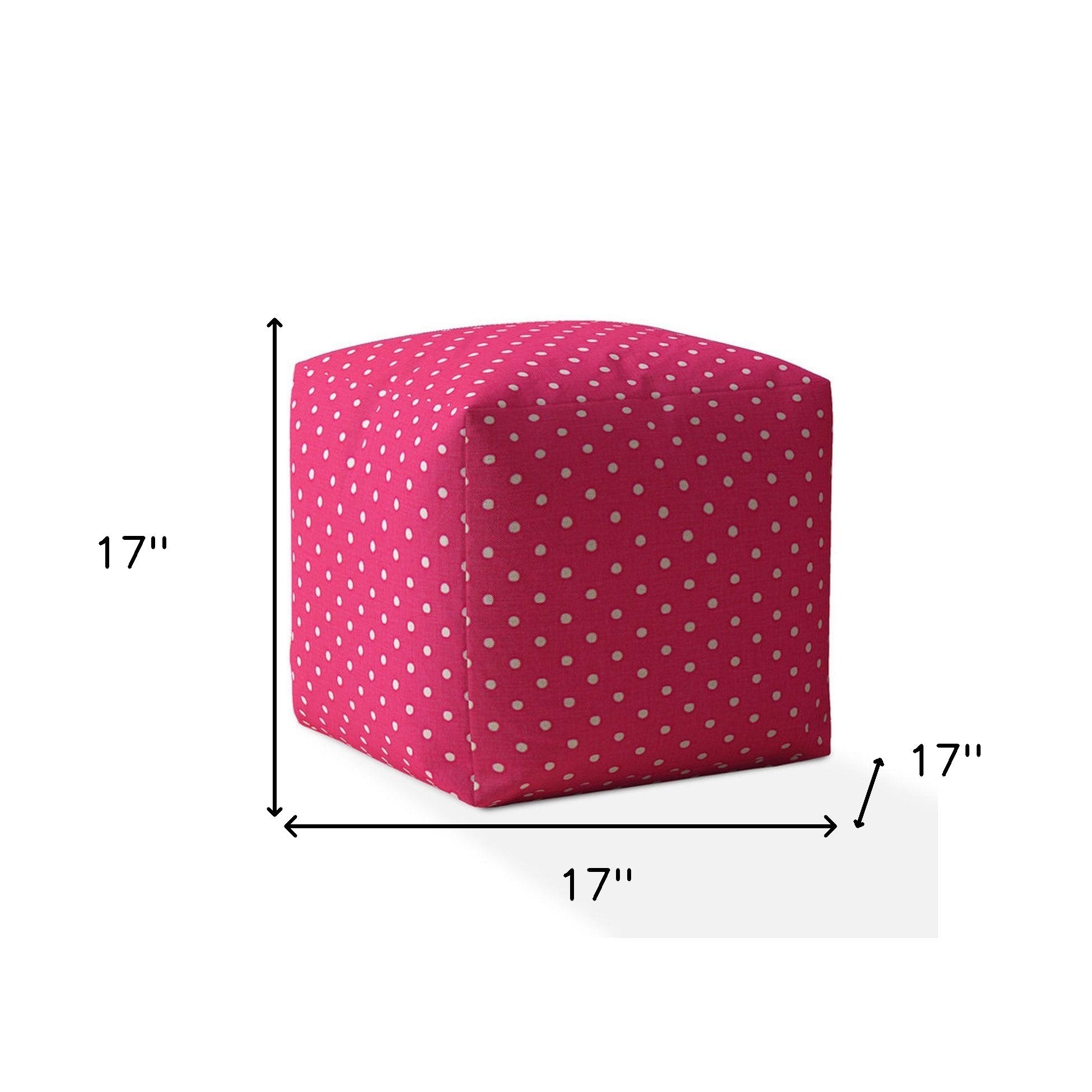 17" Pink Cotton Polka Dots Pouf Ottoman