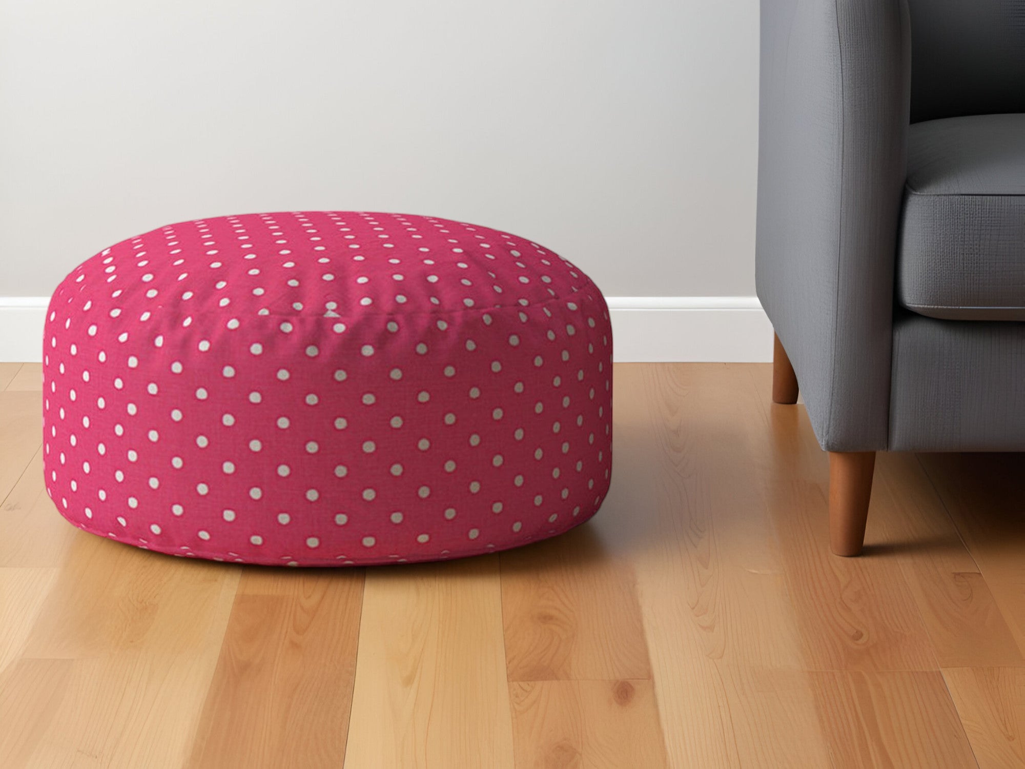 24" Pink Cotton Round Polka Dots Pouf Ottoman