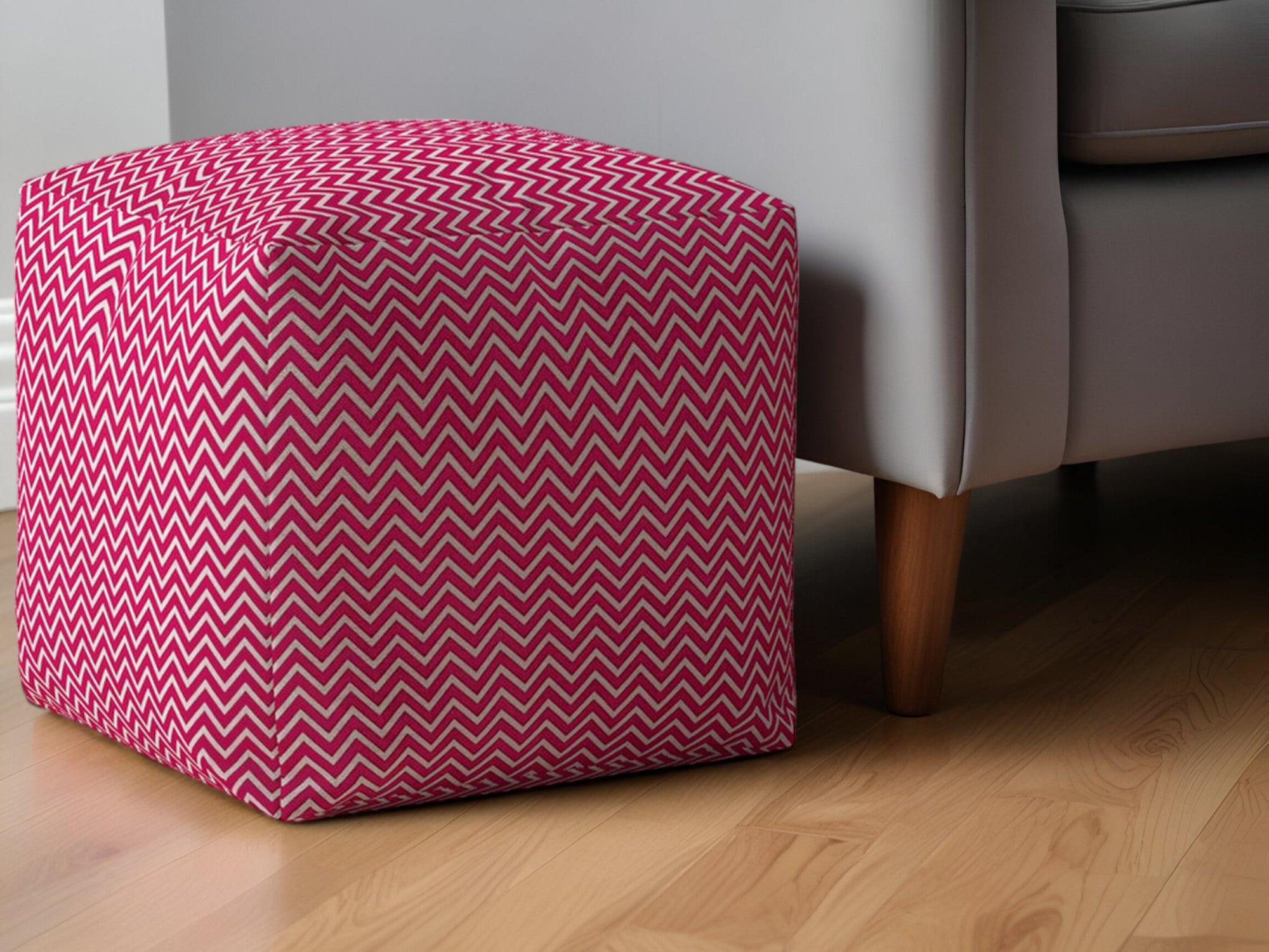 17" Pink Cotton Chevron Pouf Ottoman