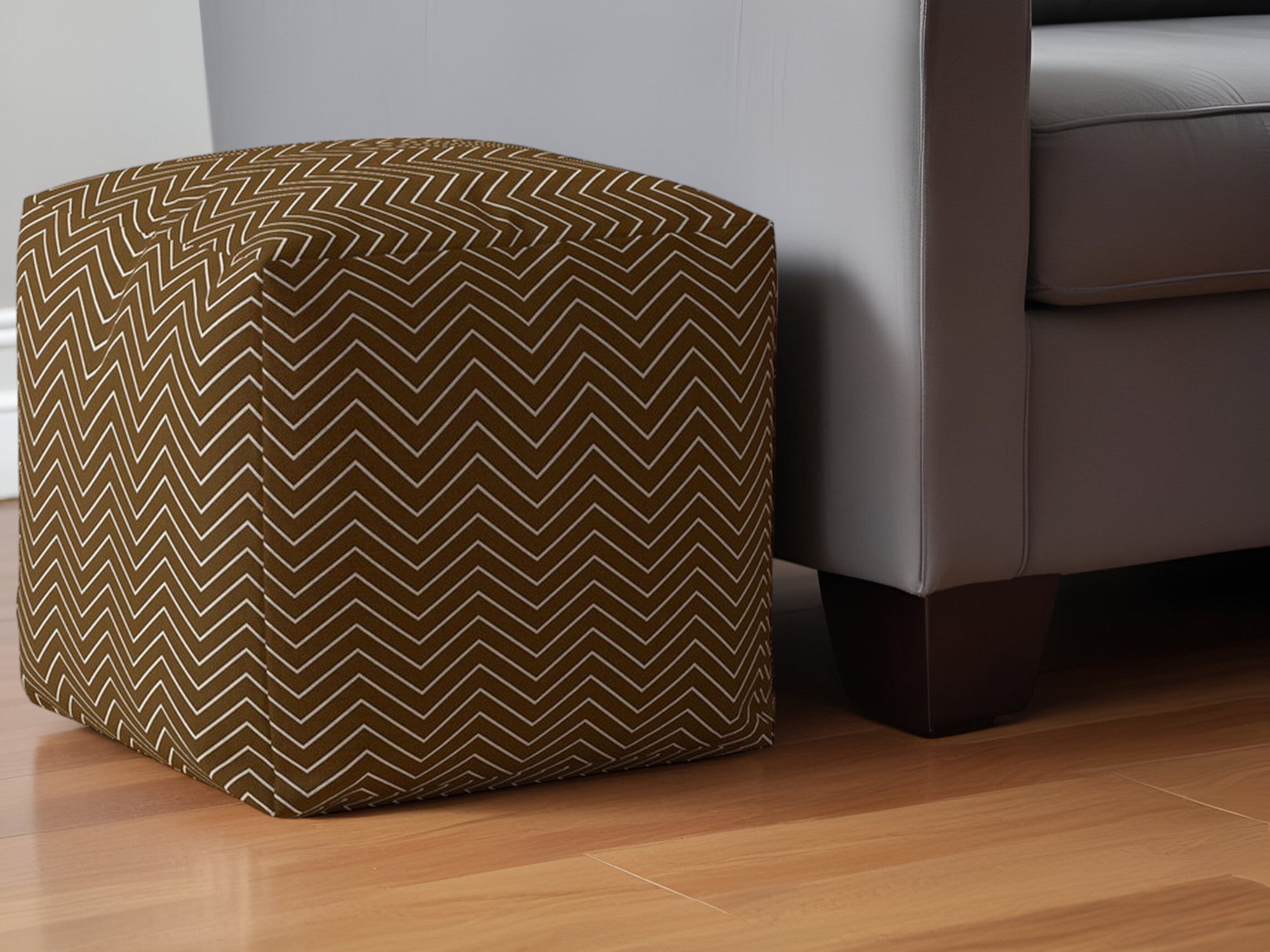 17" Brown Cotton Chevron Pouf Ottoman