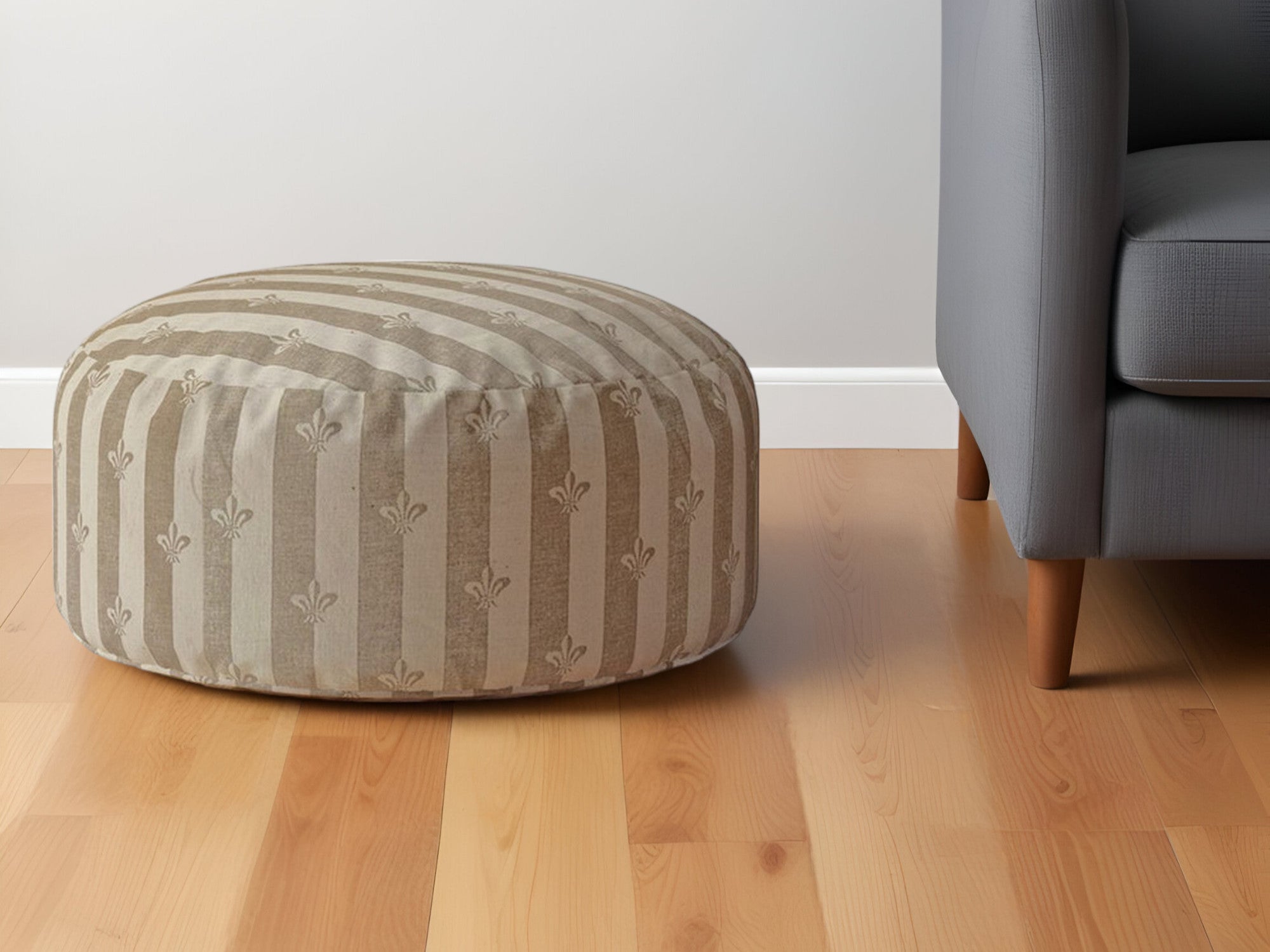 24" Taupe Flax Round Floral Pouf Ottoman