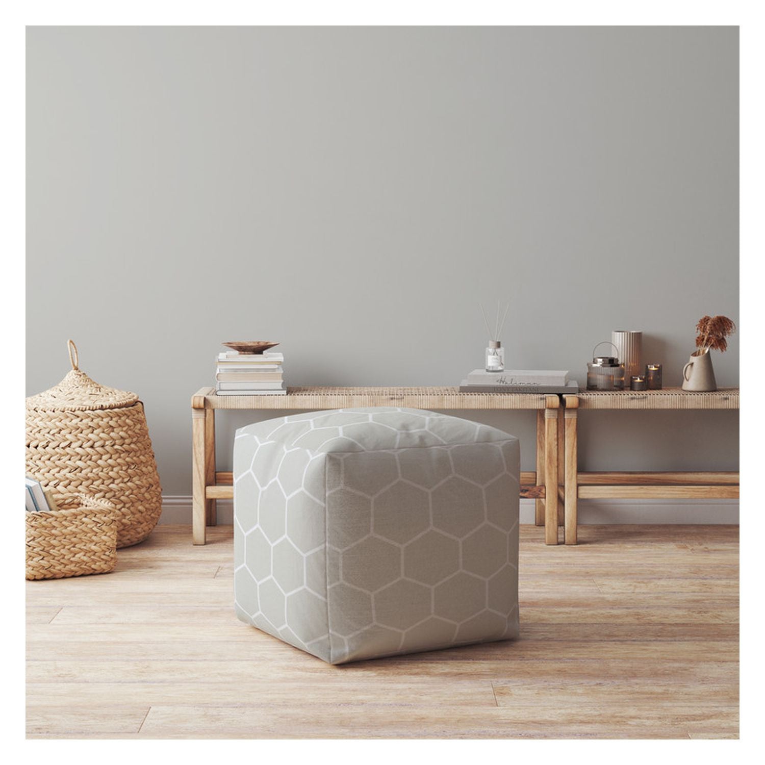 17" Gray Cotton Geometric Pouf Ottoman