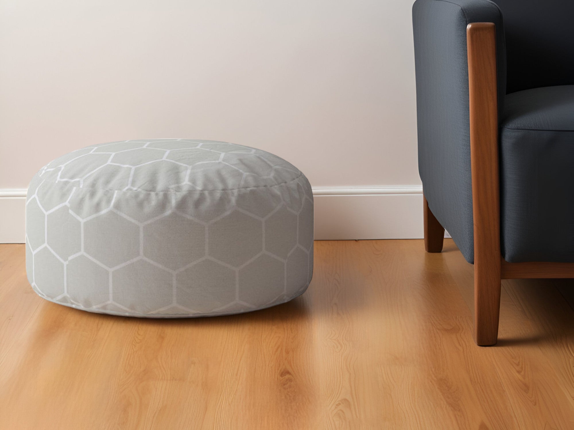 24" Gray Cotton Round Geometric Pouf Ottoman