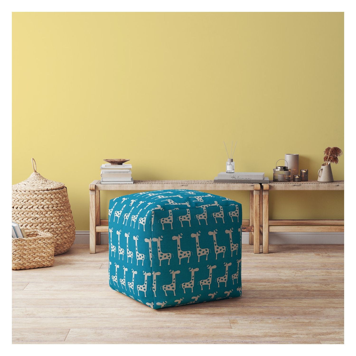 17" Blue and White Cotton Giraffe Pouf Ottoman