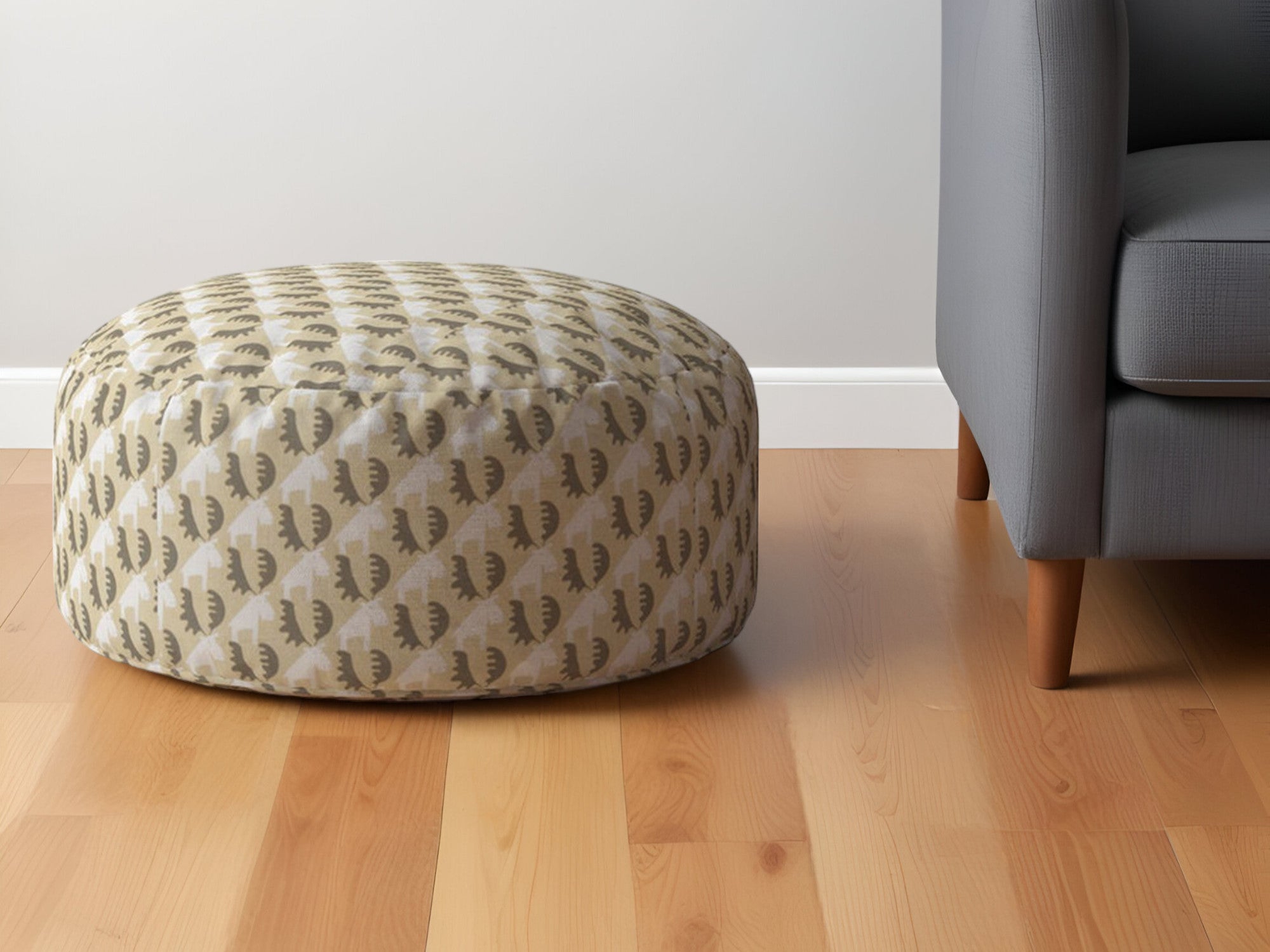 24" Beige Cotton Round Animal Print Pouf Ottoman