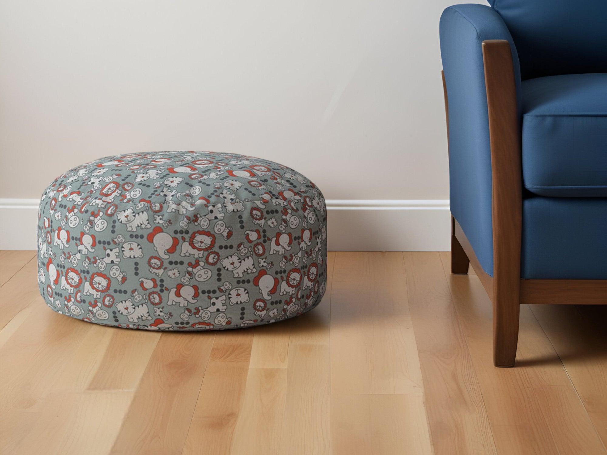 24" Gray and White Cotton Round Animal Print Pouf Ottoman