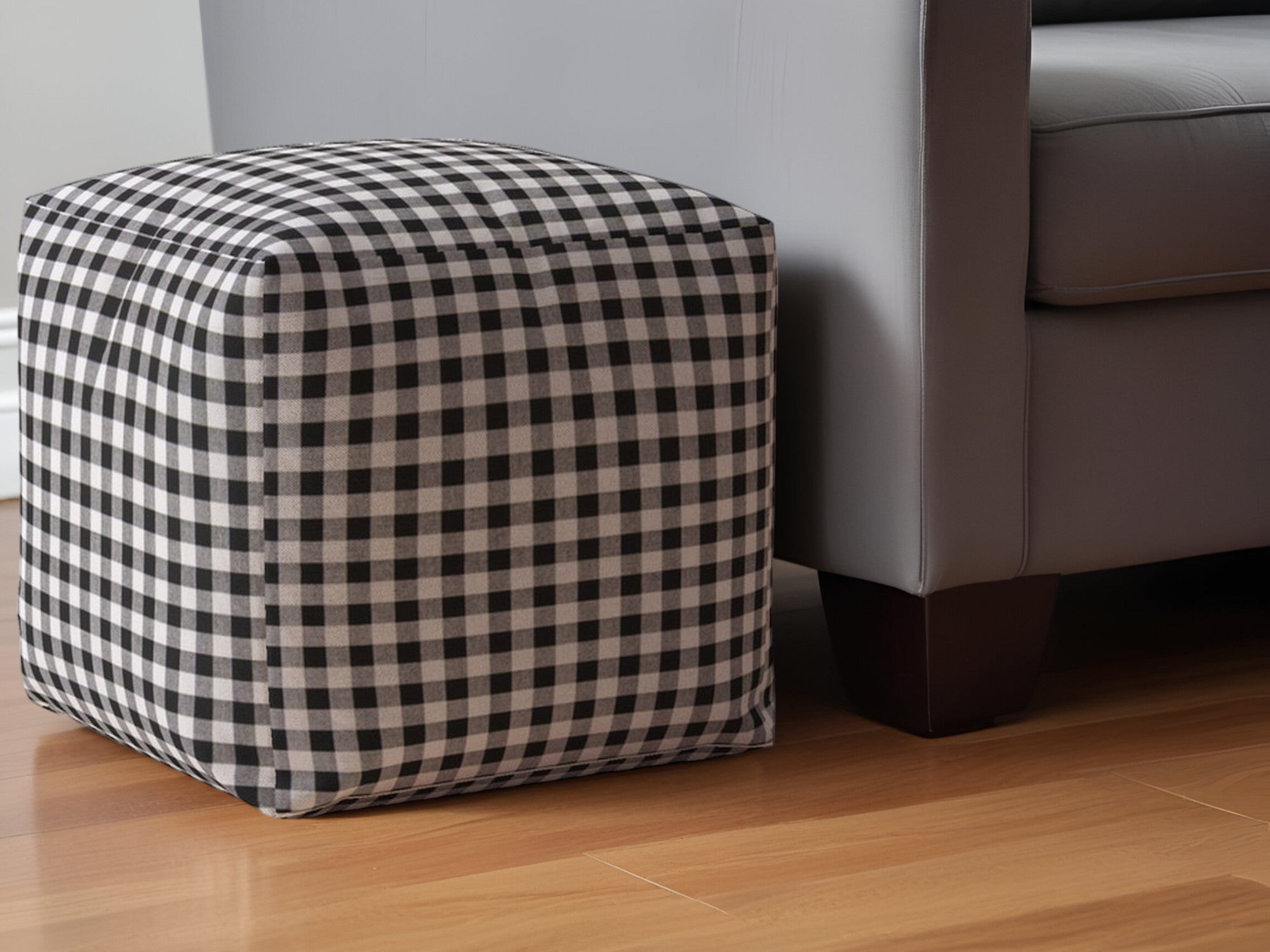 17" Gray and Black Cotton Gingham Pouf Ottoman