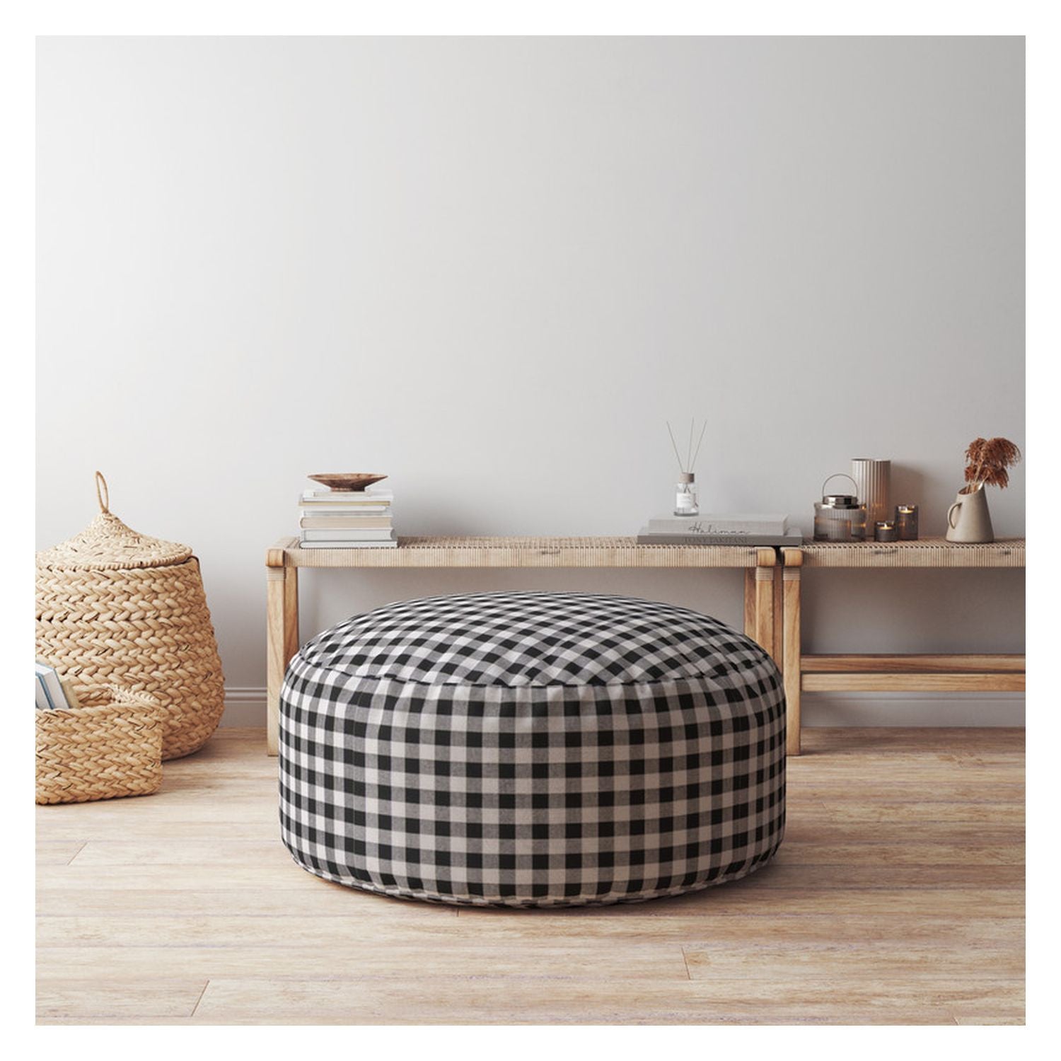 24" Gray and Black Cotton Round Gingham Pouf Ottoman