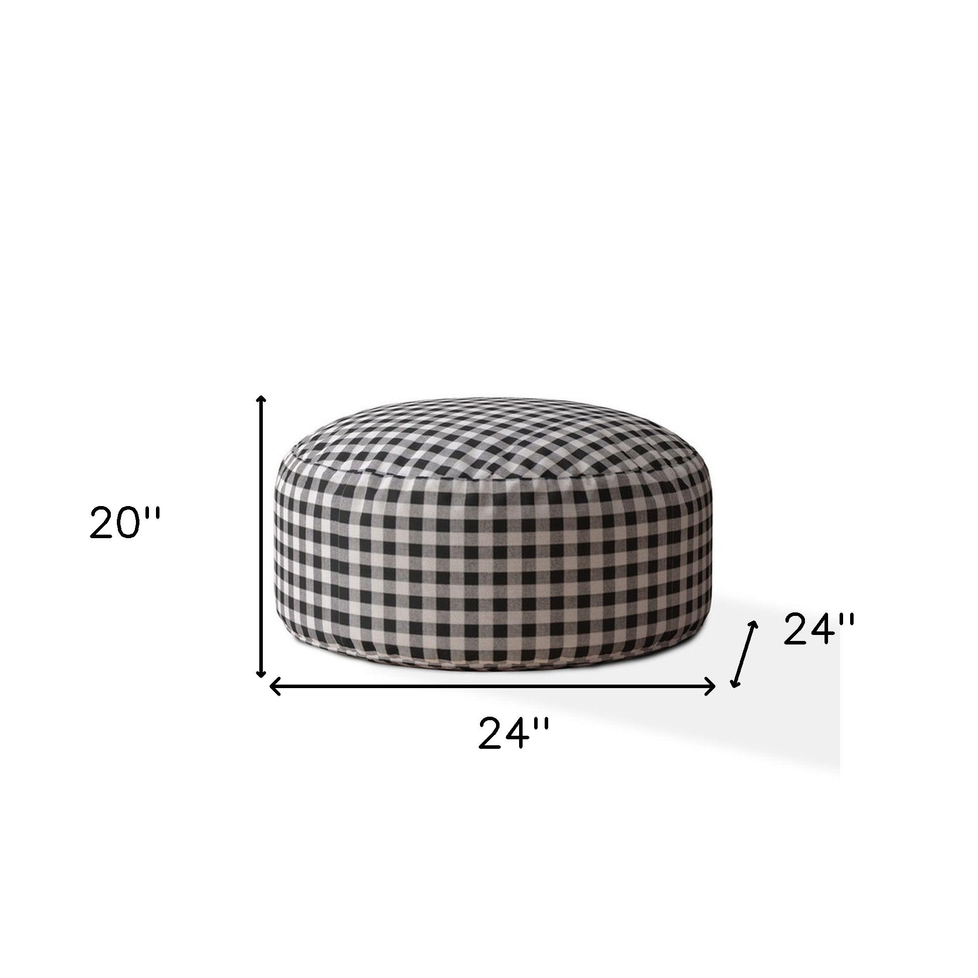 24" Gray and Black Cotton Round Gingham Pouf Ottoman