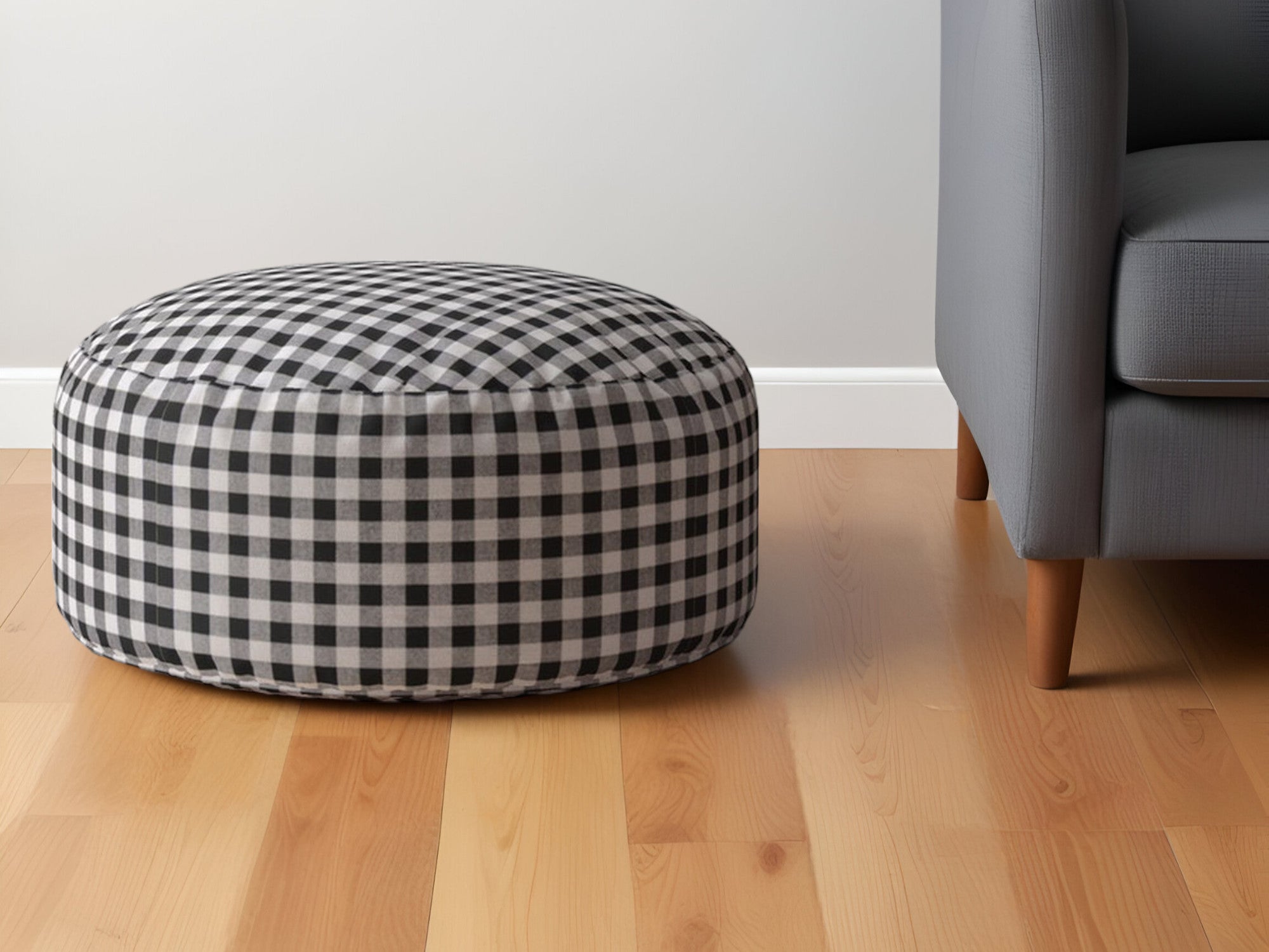 24" Gray and Black Cotton Round Gingham Pouf Ottoman