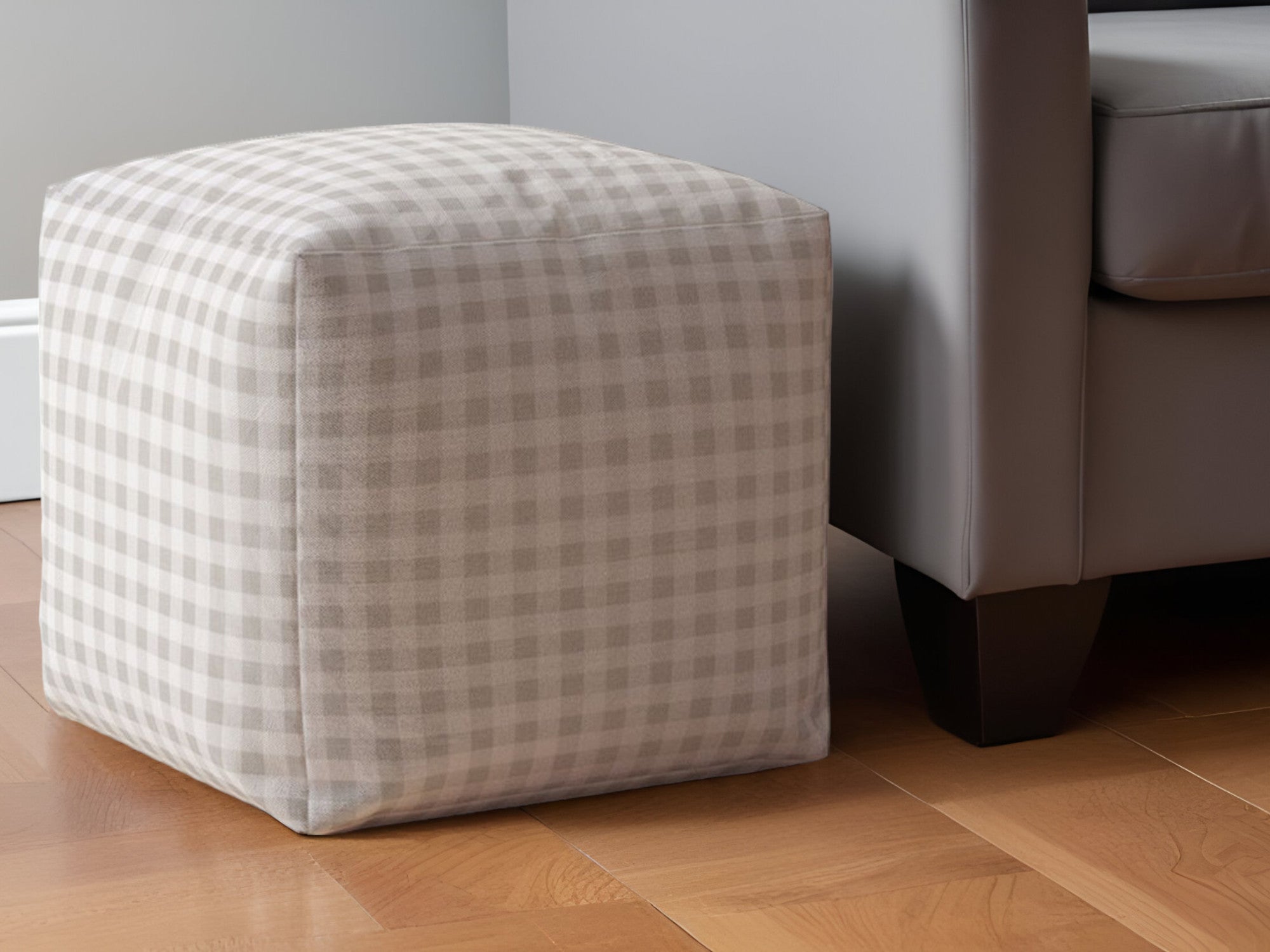 17" Gray Cotton Gingham Pouf Ottoman