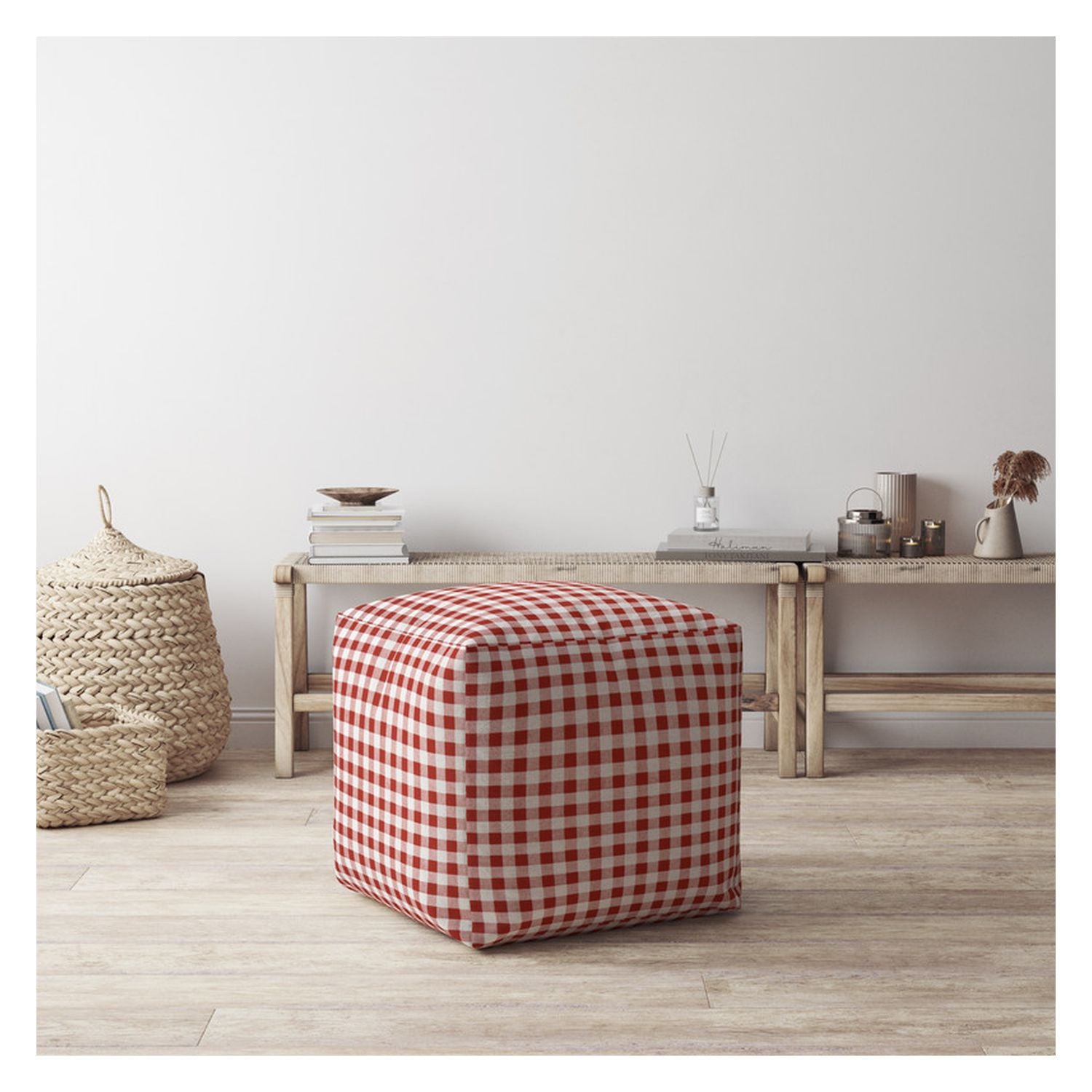 17" Red and White Cotton Gingham Pouf Ottoman