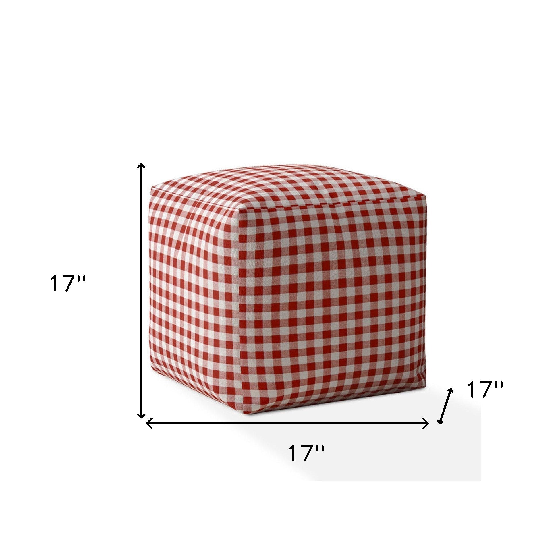 17" Red and White Cotton Gingham Pouf Ottoman